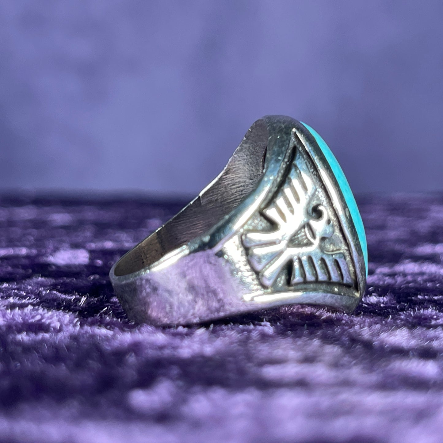Vintage Navajo Native American Bell Trading Post Thunderbird Turquoise Sterling Silver 925 Ring Size W / 11 