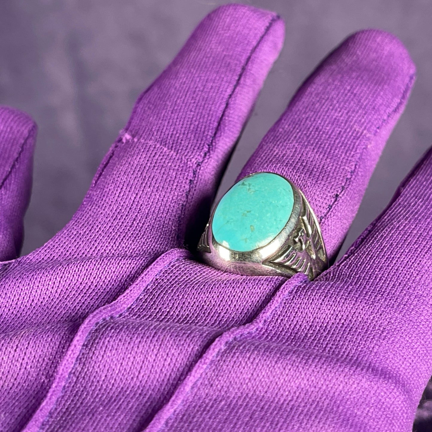 Vintage Navajo Native American Bell Trading Post Thunderbird Turquoise Sterling Silver 925 Ring Size W / 11 