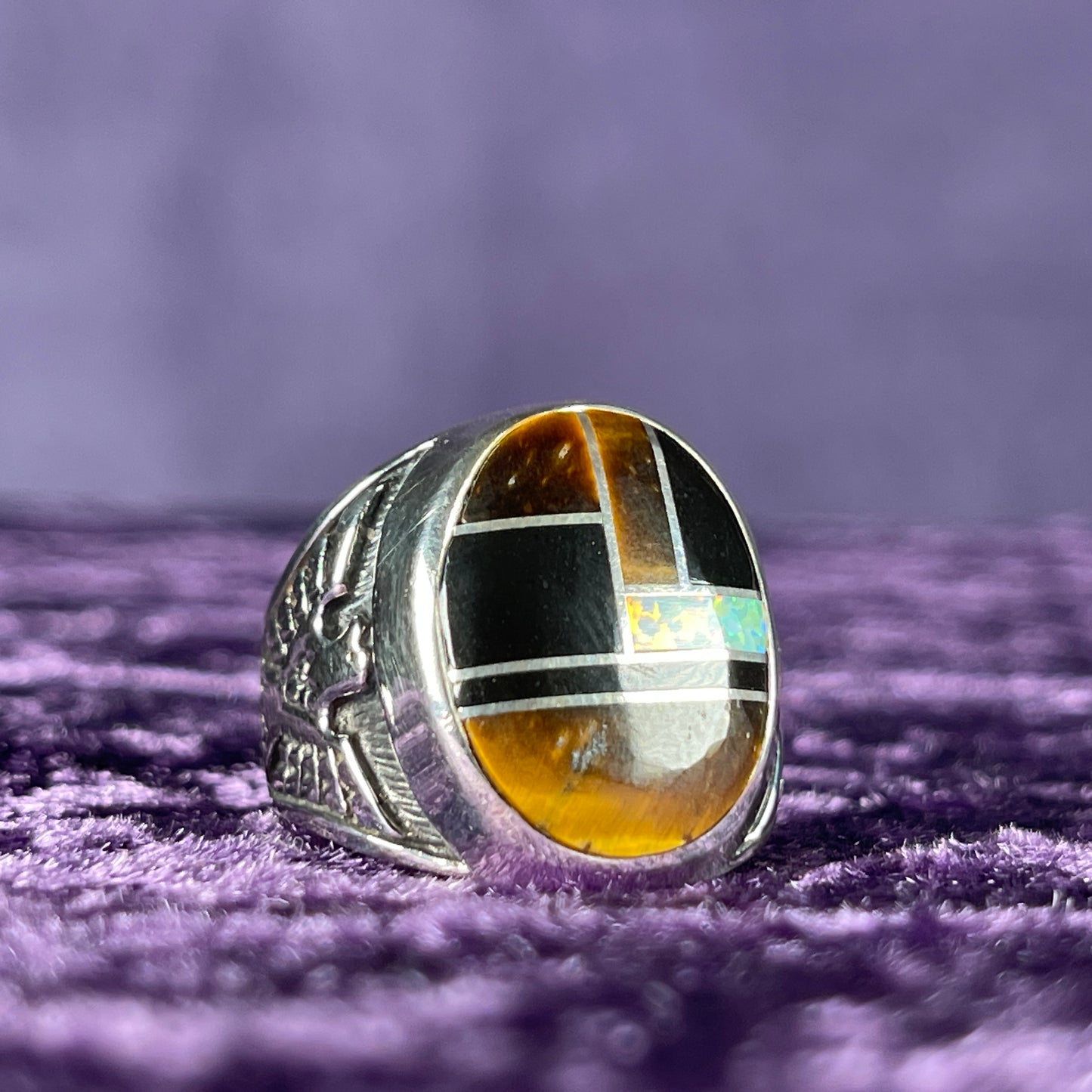 Native American Contemporary Navajo Tigers Eye Opal Thunderbird 925 Silver Ring Size U / 10
