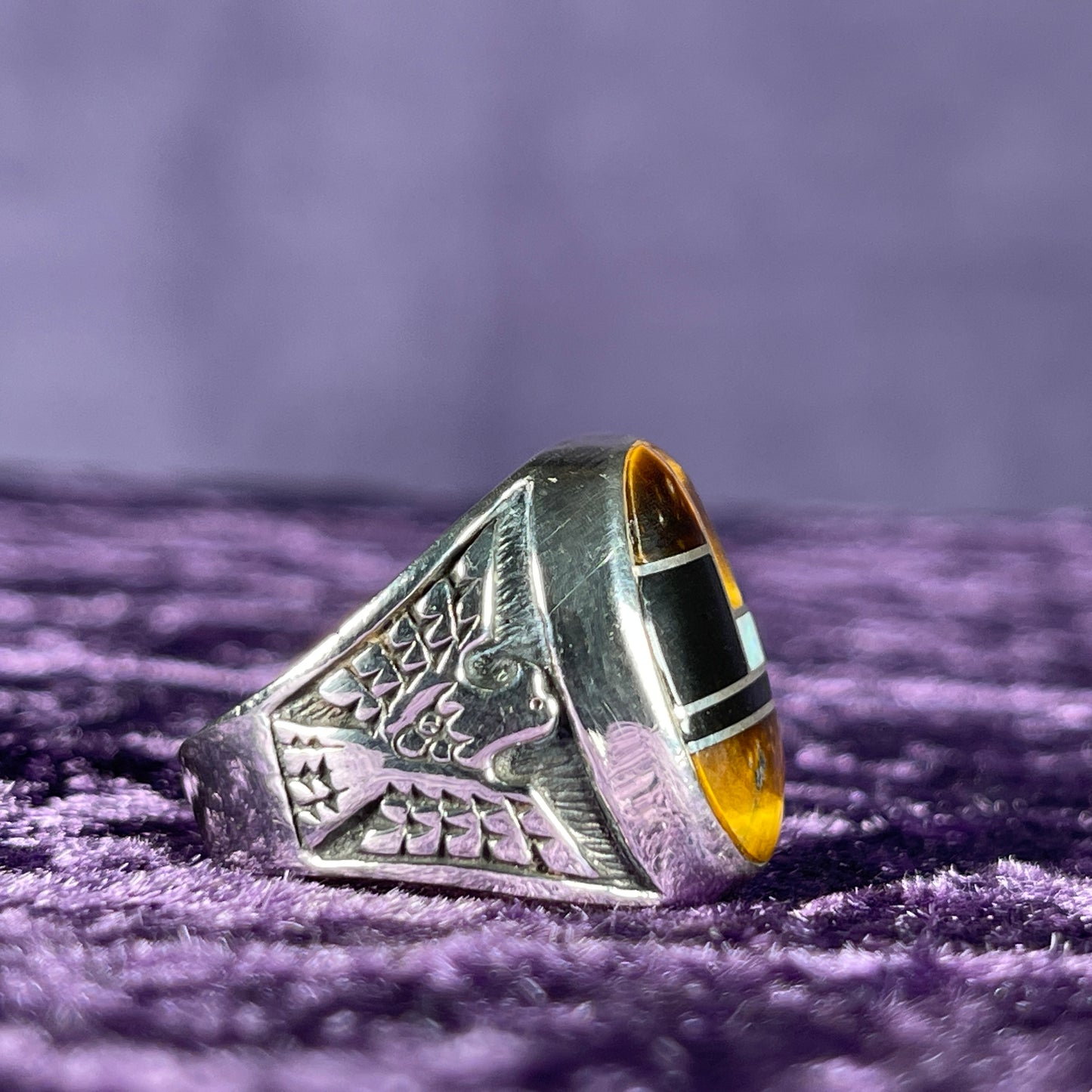 Native American Contemporary Navajo Tigers Eye Opal Thunderbird 925 Silver Ring Size U / 10