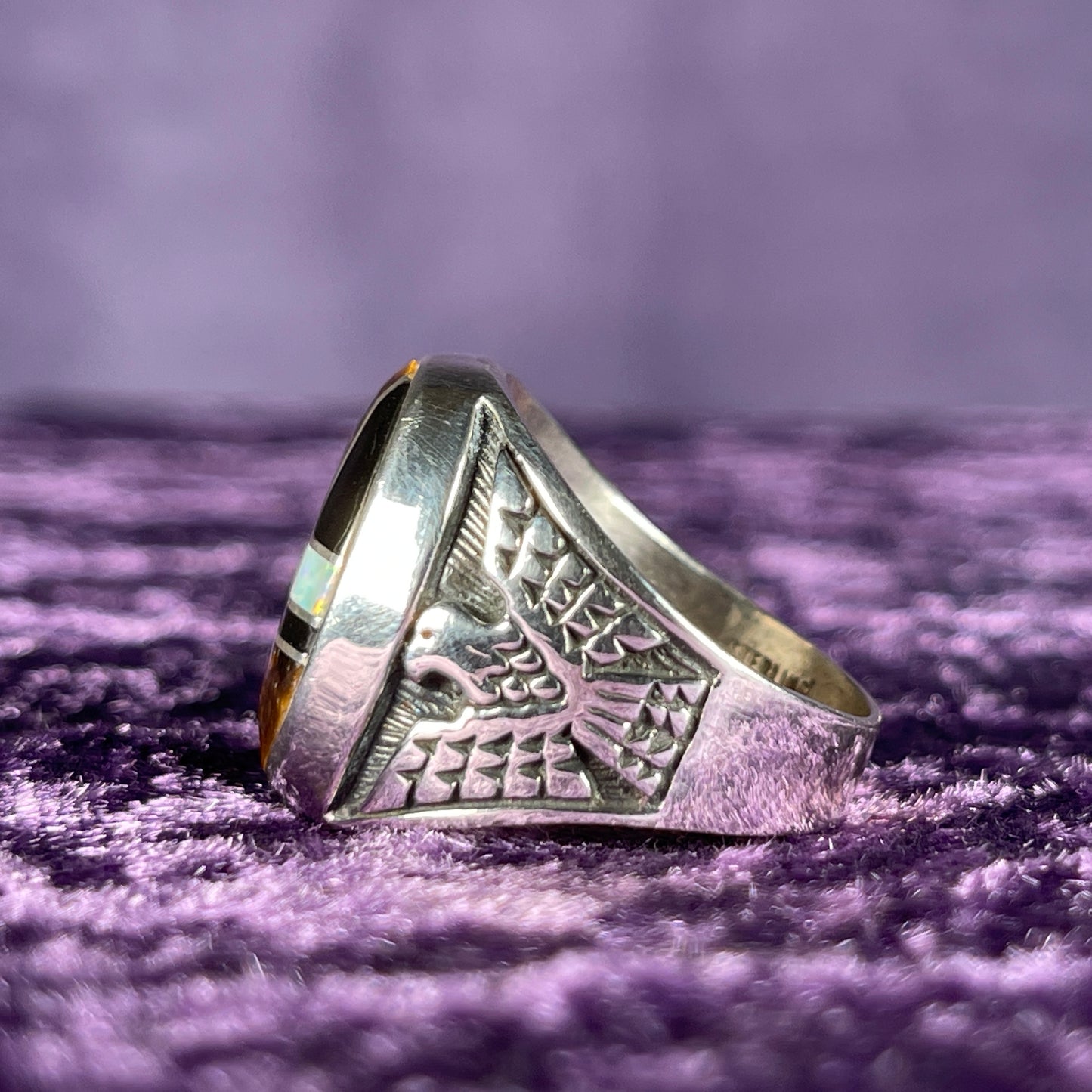 Native American Contemporary Navajo Tigers Eye Opal Thunderbird 925 Silver Ring Size U / 10