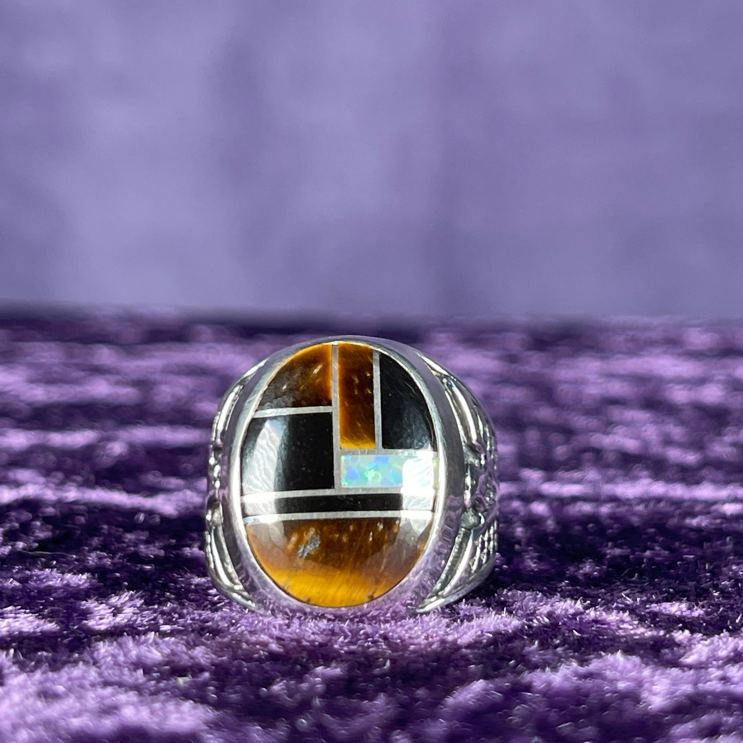 Native American Contemporary Navajo Tigers Eye Opal Thunderbird 925 Silver Ring Size U / 10