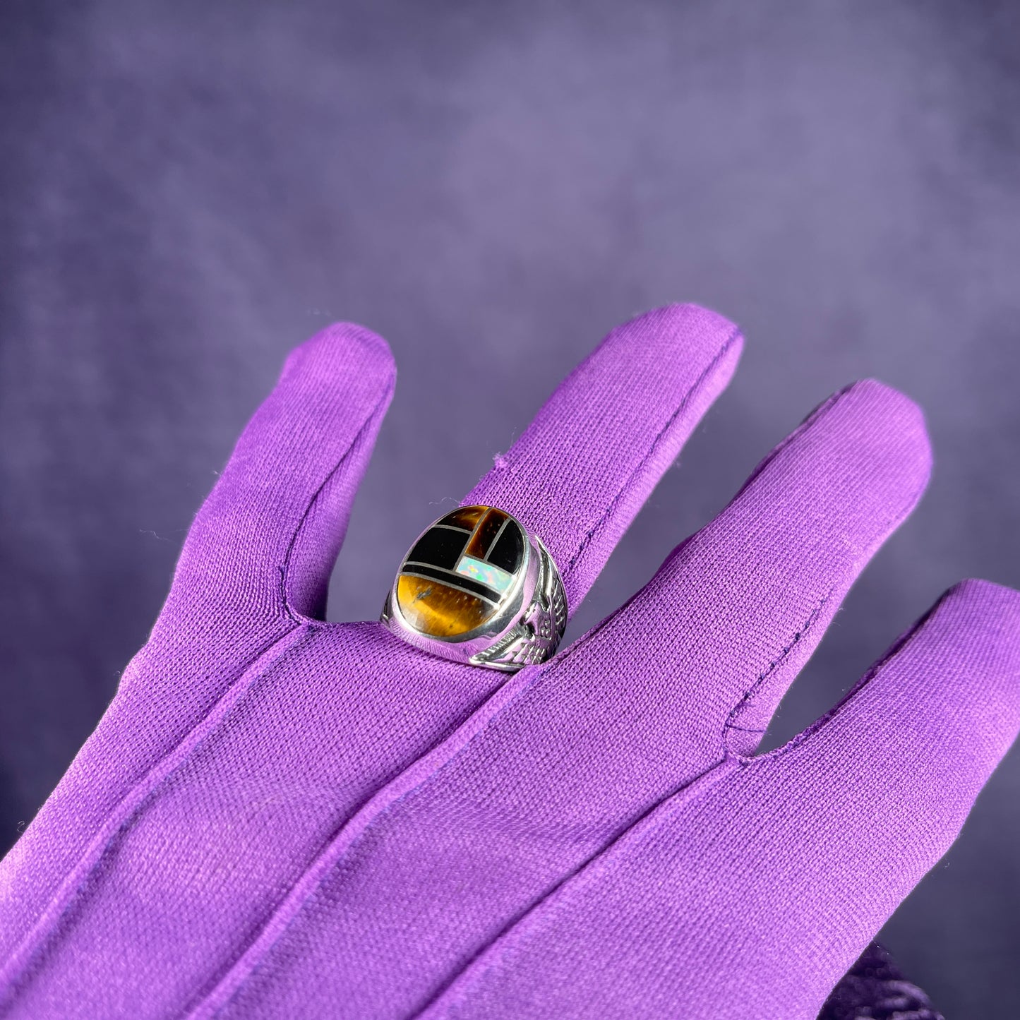 Native American Contemporary Navajo Tigers Eye Opal Thunderbird 925 Silver Ring Size U / 10