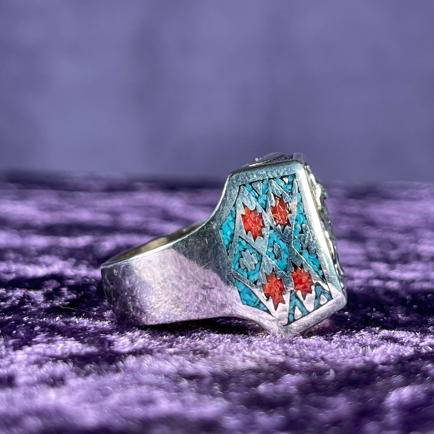 Native American Contemporary Navajo Turquoise Coral Wolf 925 Silver Ring Size X / 11.5