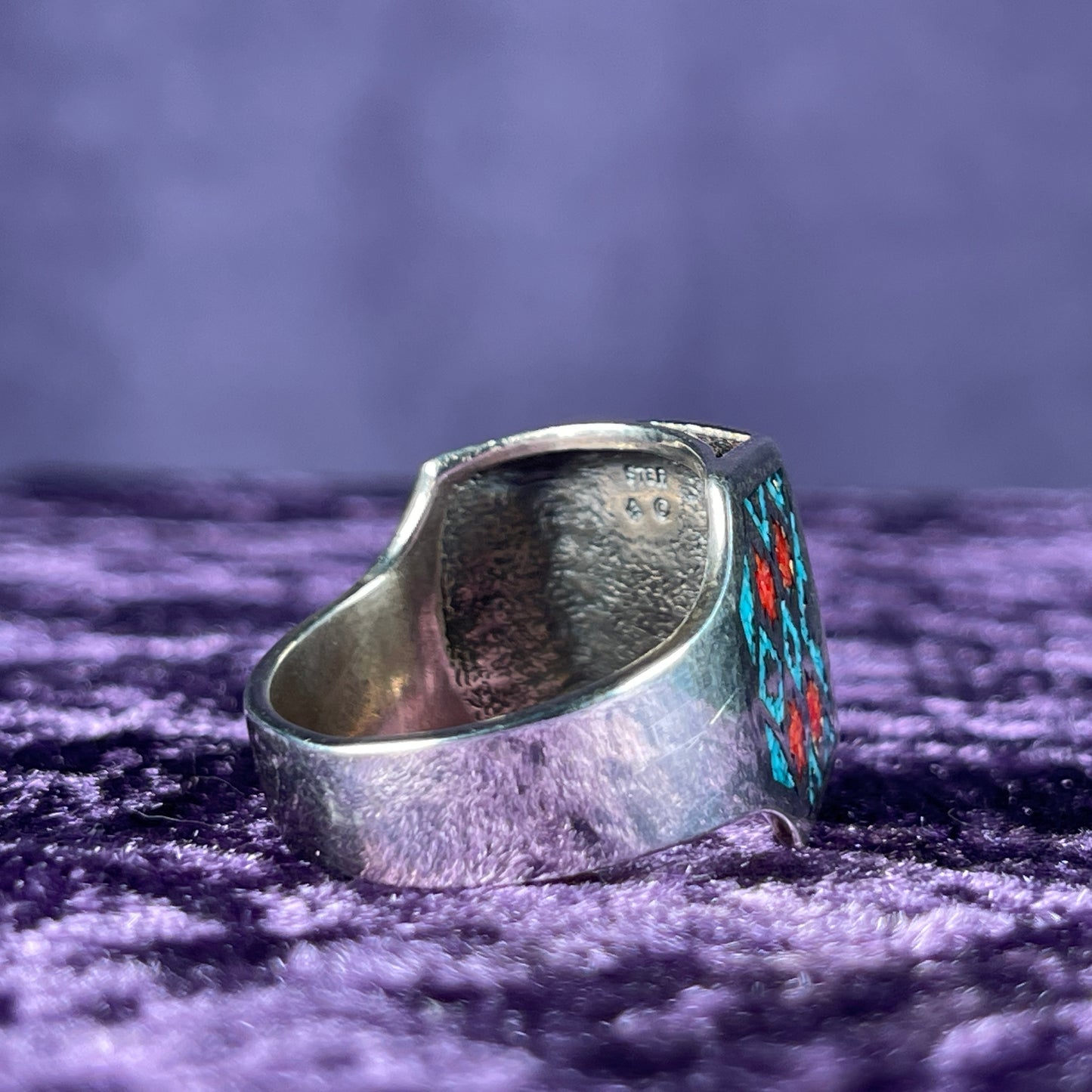 Native American Contemporary Navajo Turquoise Coral Wolf 925 Silver Ring Size X / 11.5