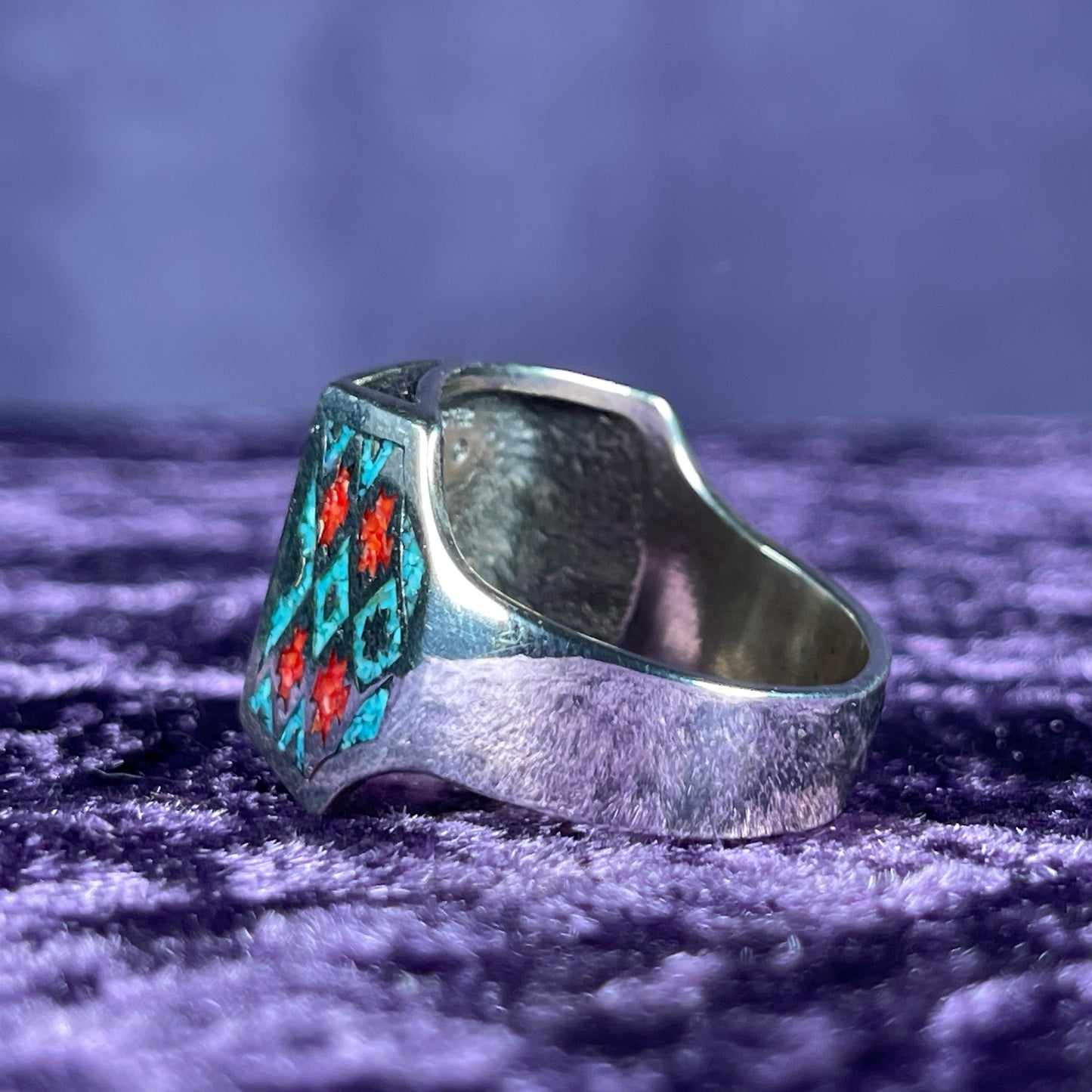 Native American Contemporary Navajo Turquoise Coral Wolf 925 Silver Ring Size X / 11.5