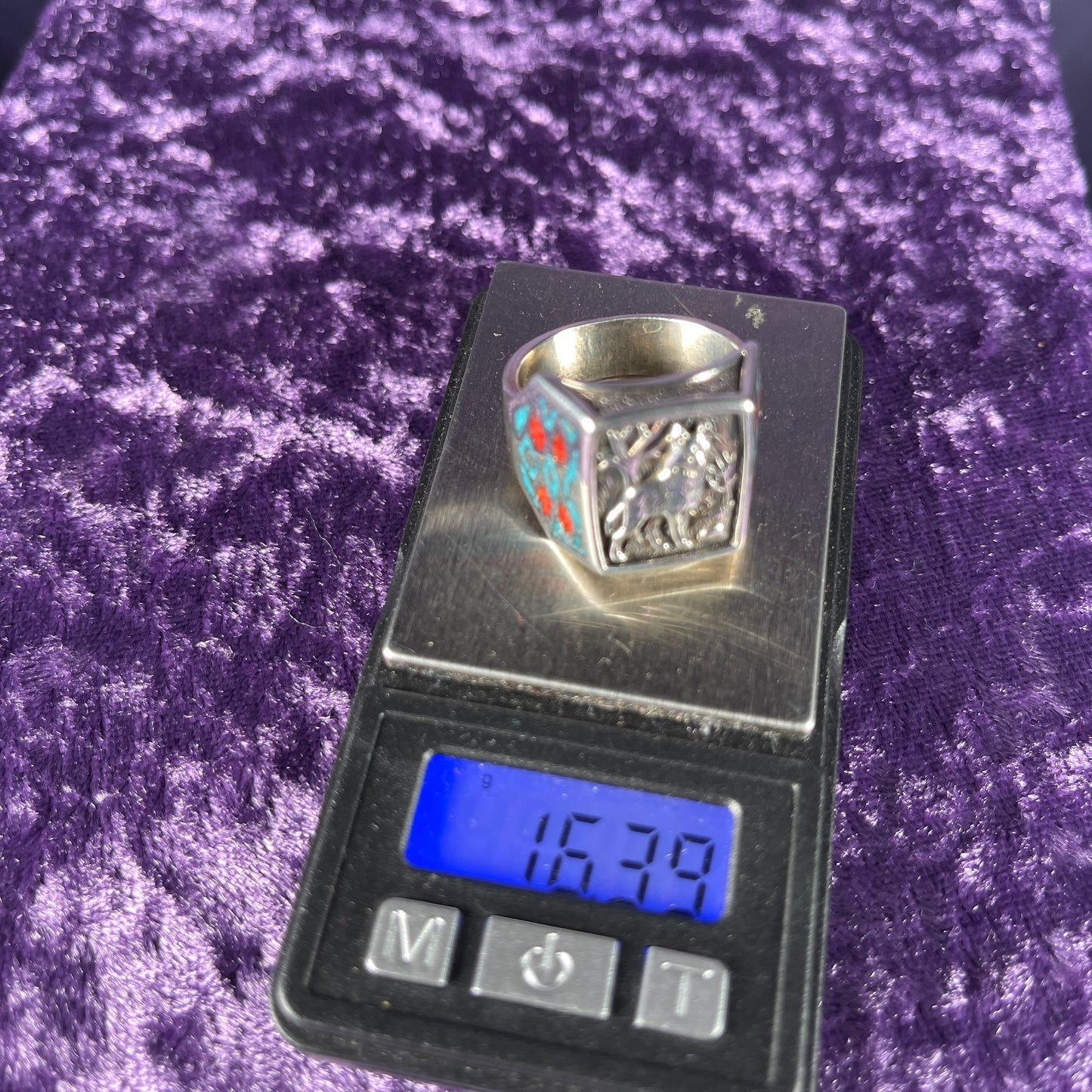 Native American Contemporary Navajo Turquoise Coral Wolf 925 Silver Ring Size X / 11.5