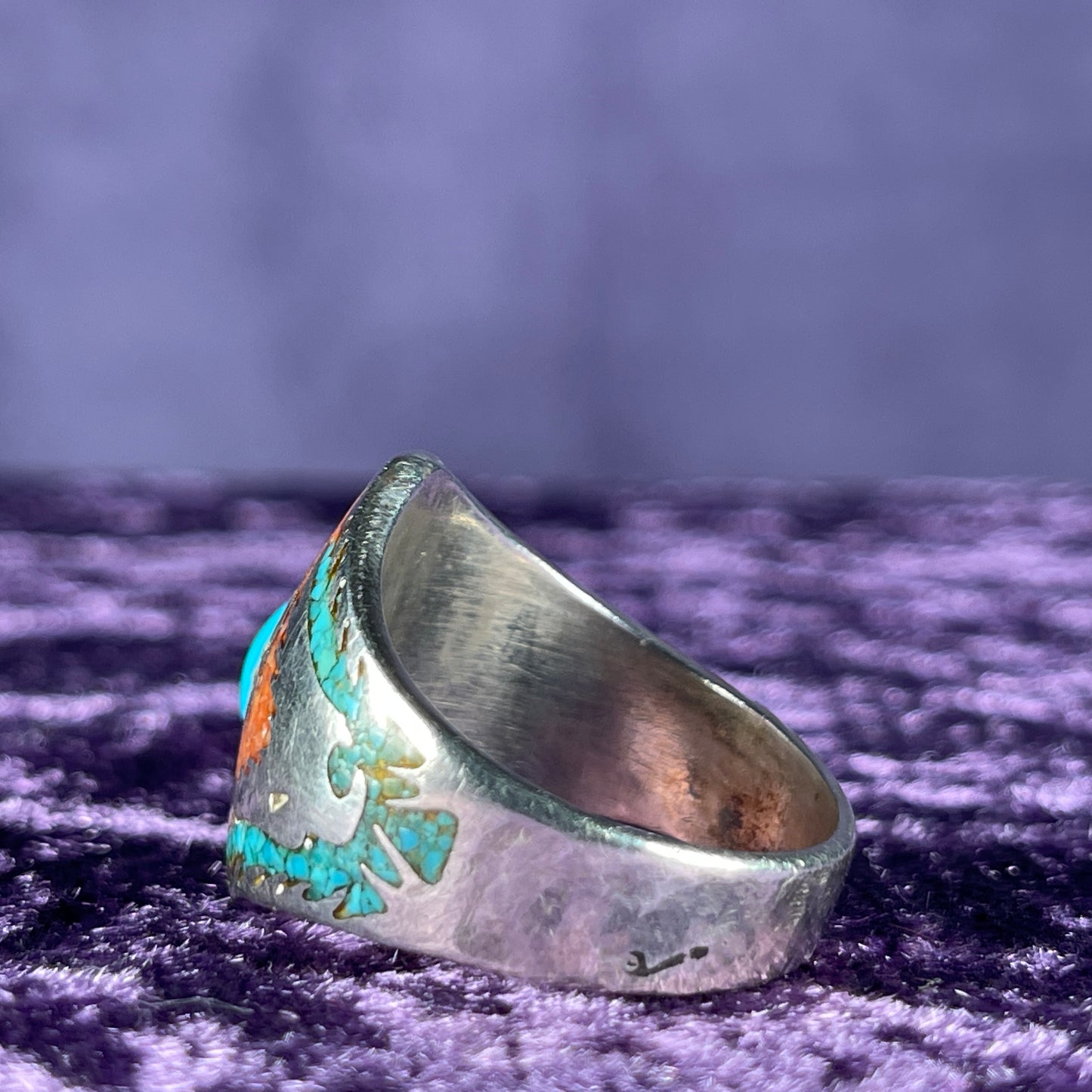 Native American Contemporary Turquoise Coral 925 Silver Ring Size Z + 1 / 13