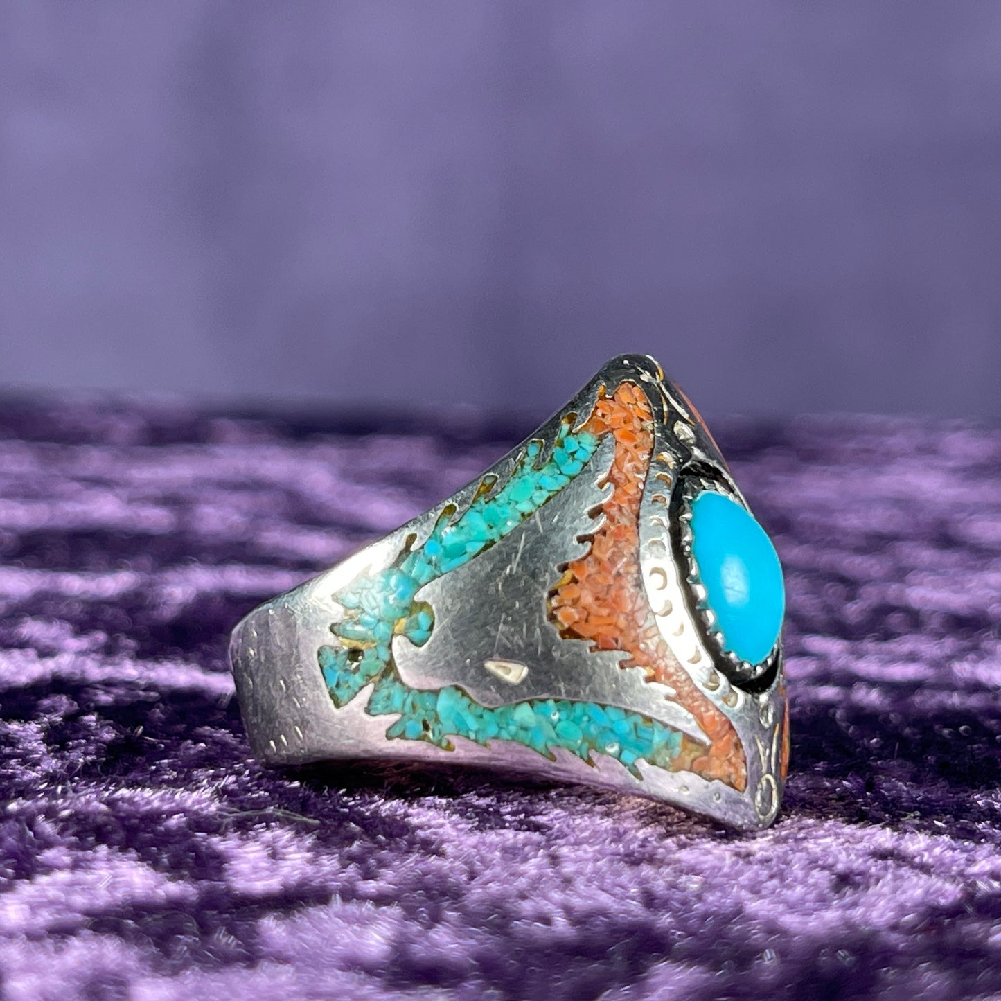 Native American Contemporary Turquoise Coral 925 Silver Ring Size Z + 1 / 13