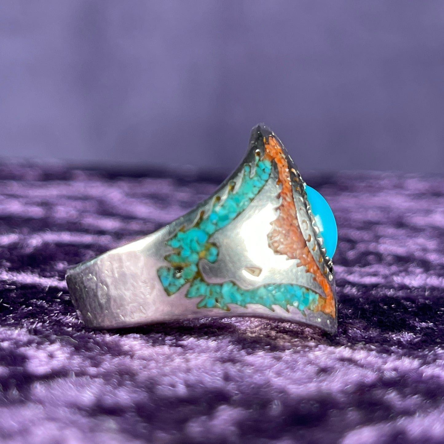 Native American Contemporary Turquoise Coral 925 Silver Ring Size Z + 1 / 13