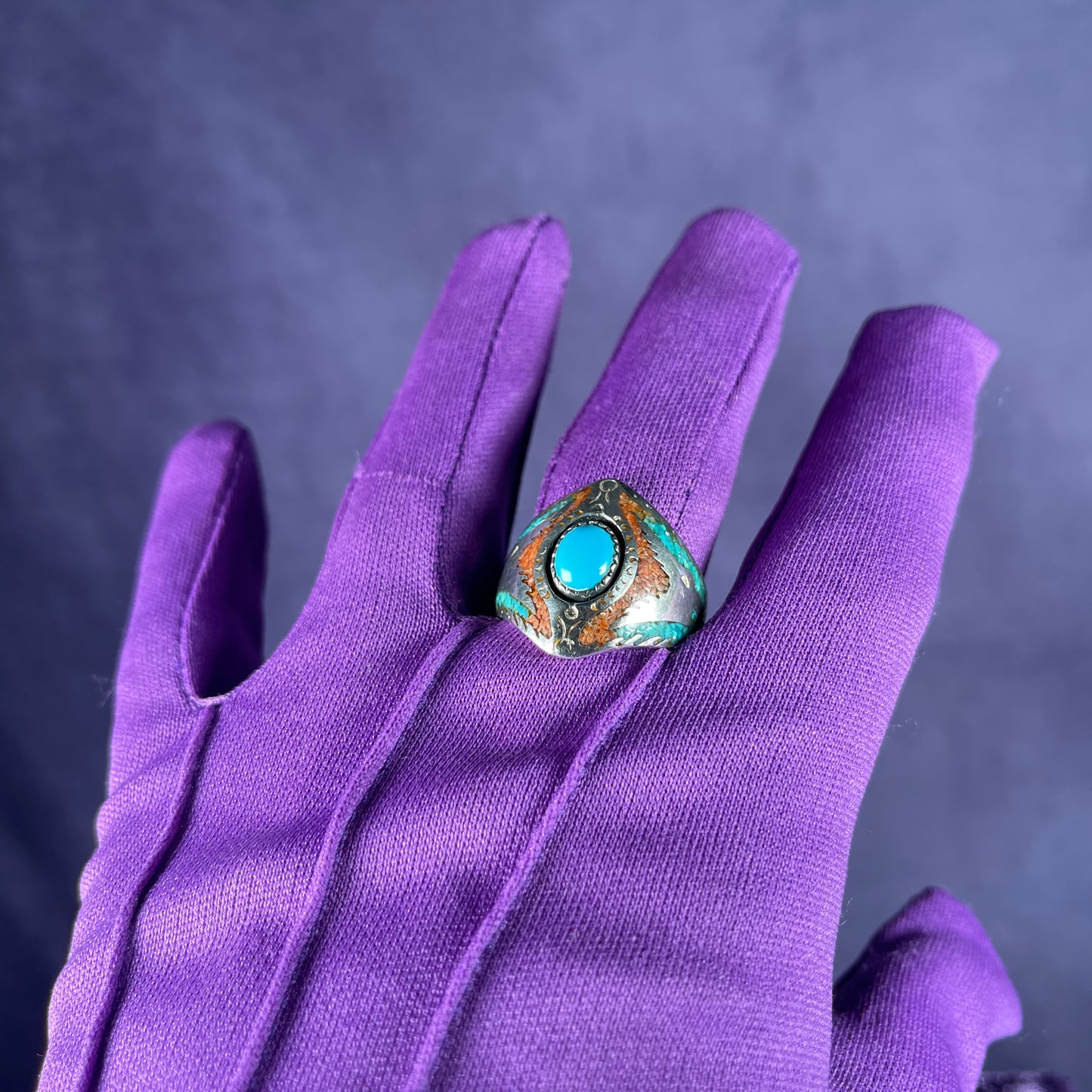 Native American Contemporary Turquoise Coral 925 Silver Ring Size Z + 1 / 13