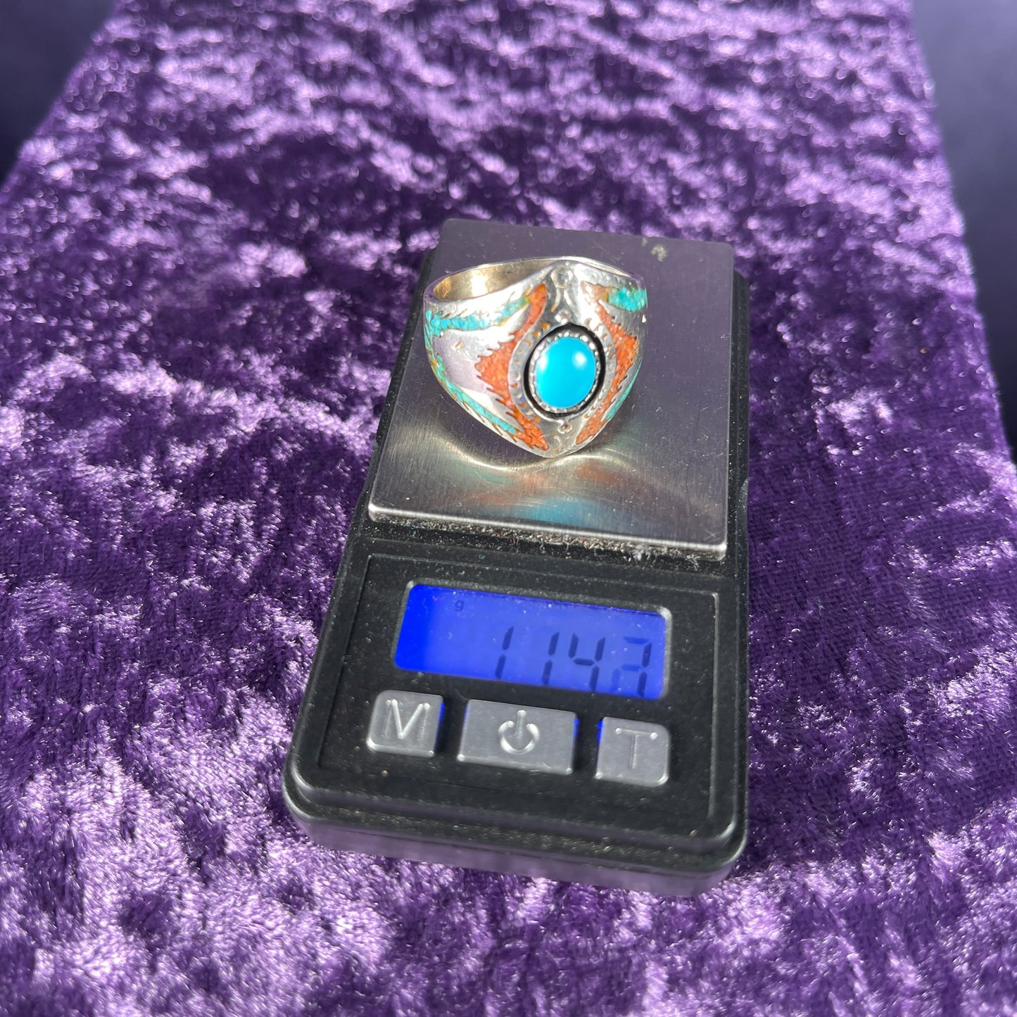 Native American Contemporary Turquoise Coral 925 Silver Ring Size Z + 1 / 13
