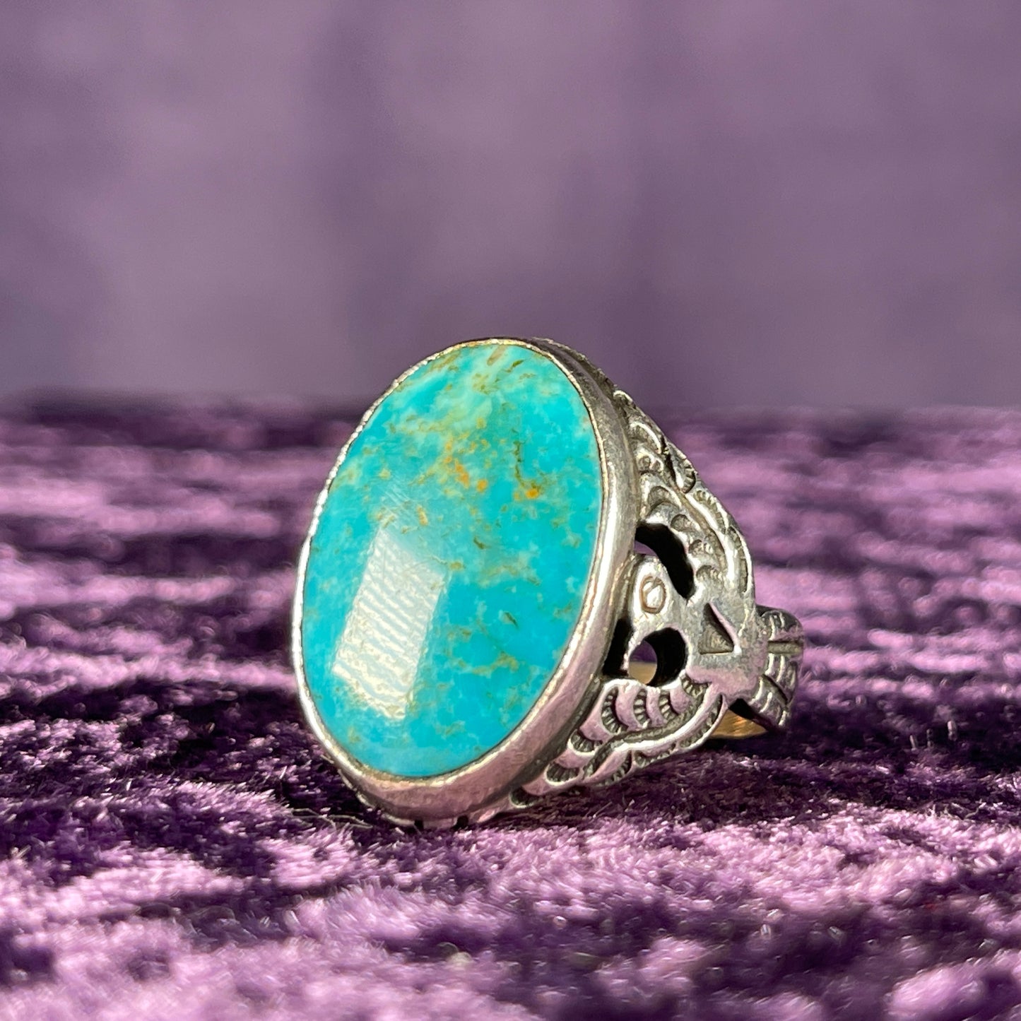 Vintage Native American Turquoise Navajo Thunderbird Navajo 925 Silver Size Y / 12
