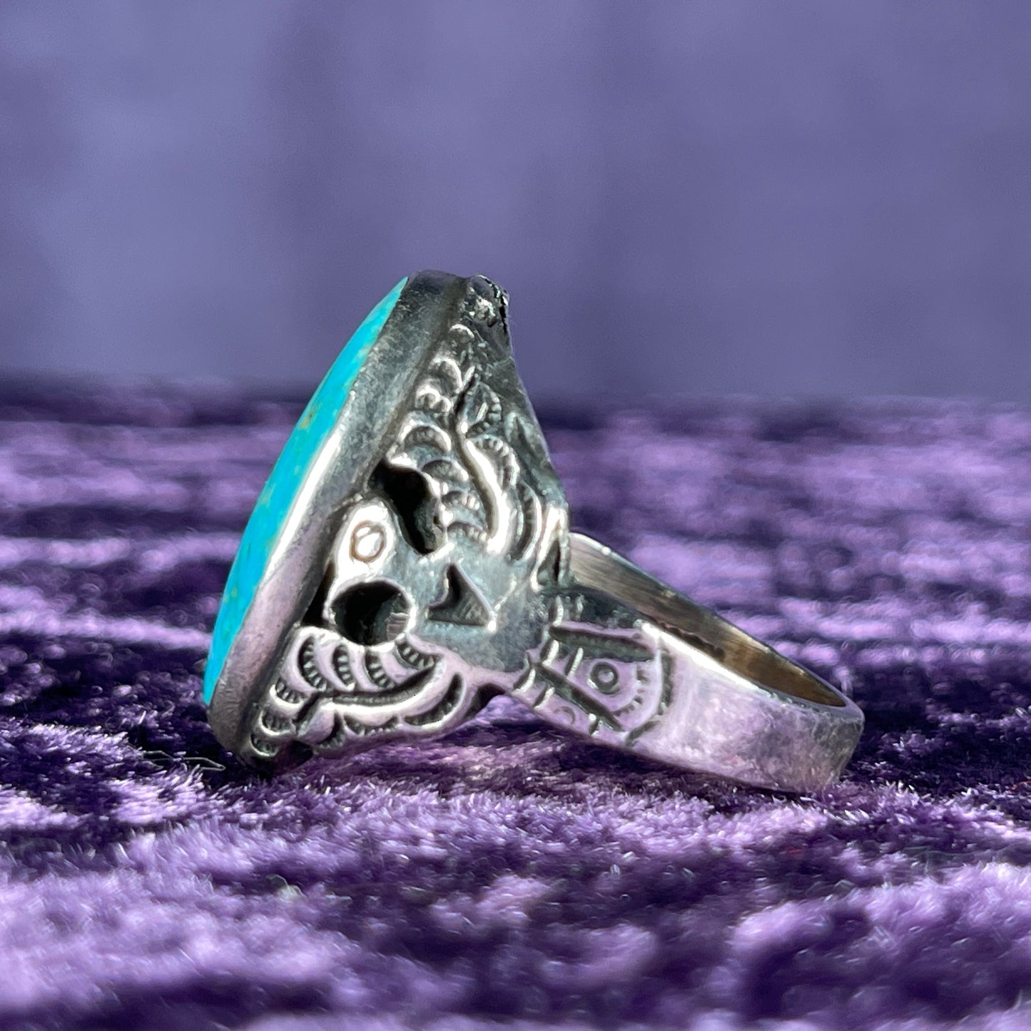 Vintage Native American Turquoise Navajo Thunderbird Navajo 925 Silver Size Y / 12
