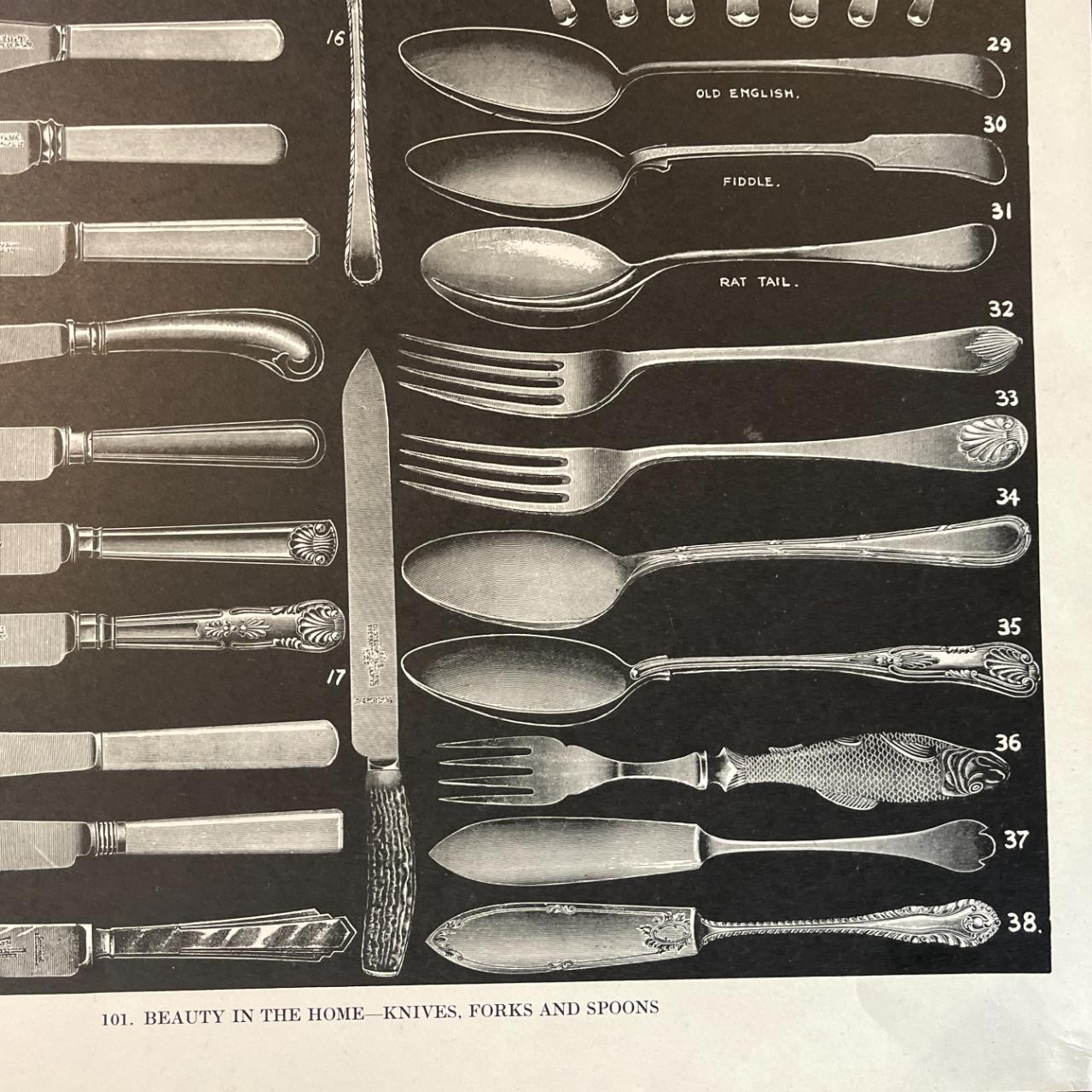 Vintage/Antique 1930s Paper Print Black and White ''Beauty in the Home'' Knives Forks