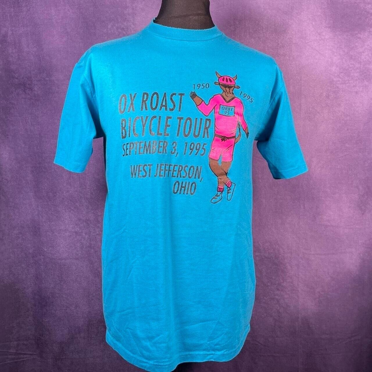 Vintage Single Stitch Ox Roast Bicycle Tour Ohio 1996 Blue Jerzees Large T-Shirt