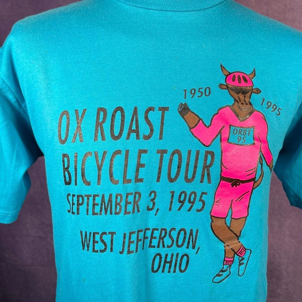 Vintage Single Stitch Ox Roast Bicycle Tour Ohio 1996 Blue Jerzees Large T-Shirt