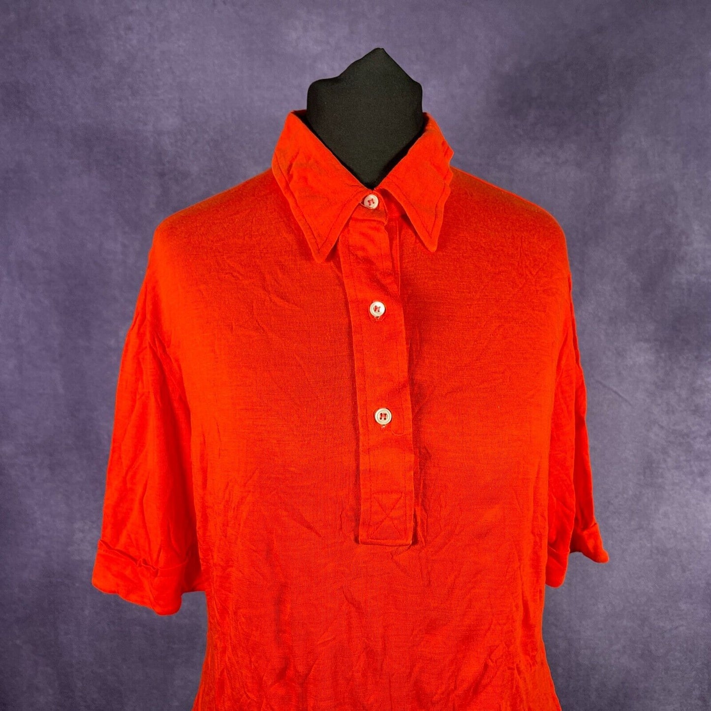 Vintage Red 1970s Half Button Polo Dagger Collar Shirt Ladies L