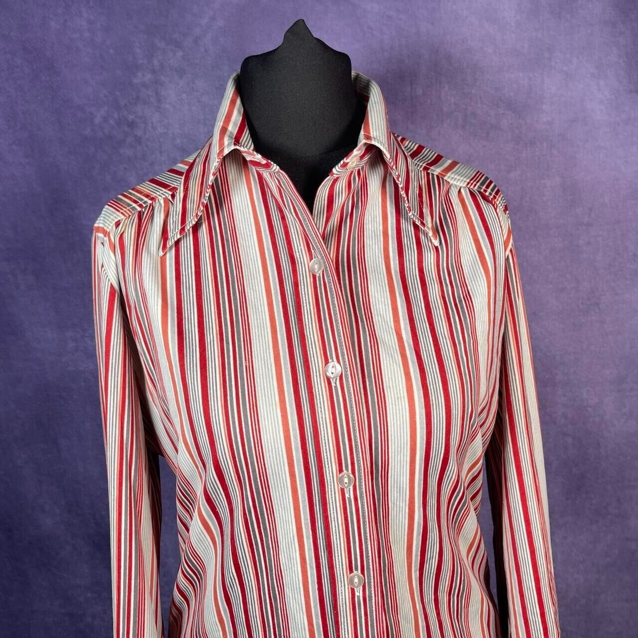 Vintage Miss B 70s Style Shirt Ladies Dagger Red White Stripe Size Large