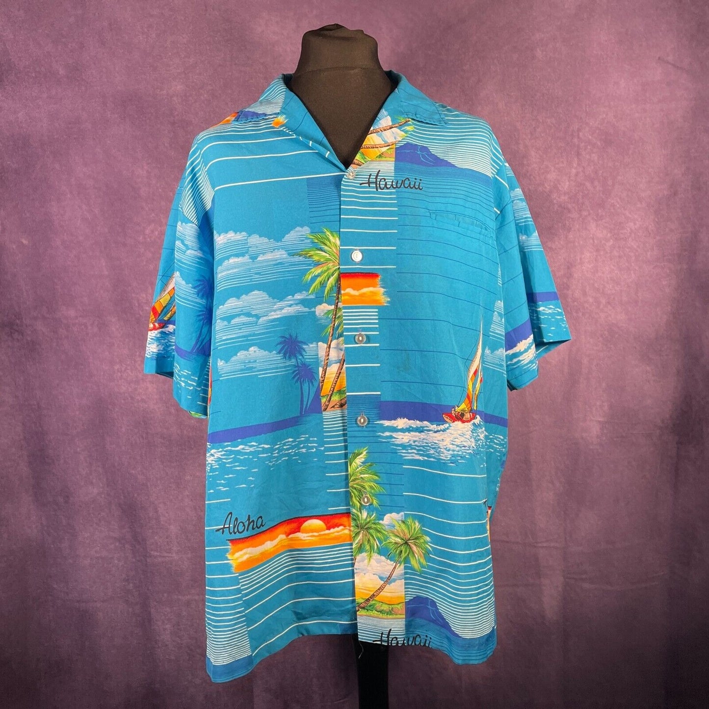 Vintage Mens Hawaii Aloha Hawaiian Shirt Blue XXL