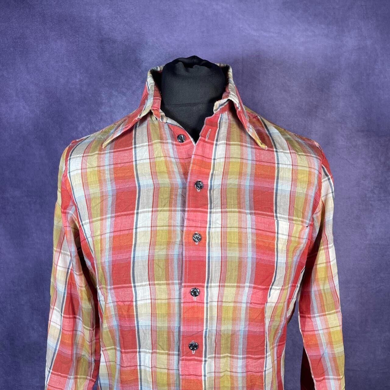 Vintage Mens Arrow 1970s Dagger Collar Red Orange Yellow Check Shirt M