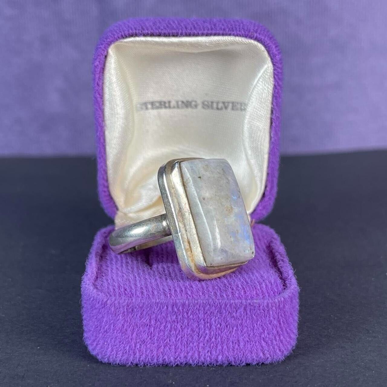 Vintage Large Rectangle Moonstone Sterling Silver Ring 925 Size R - 8.75