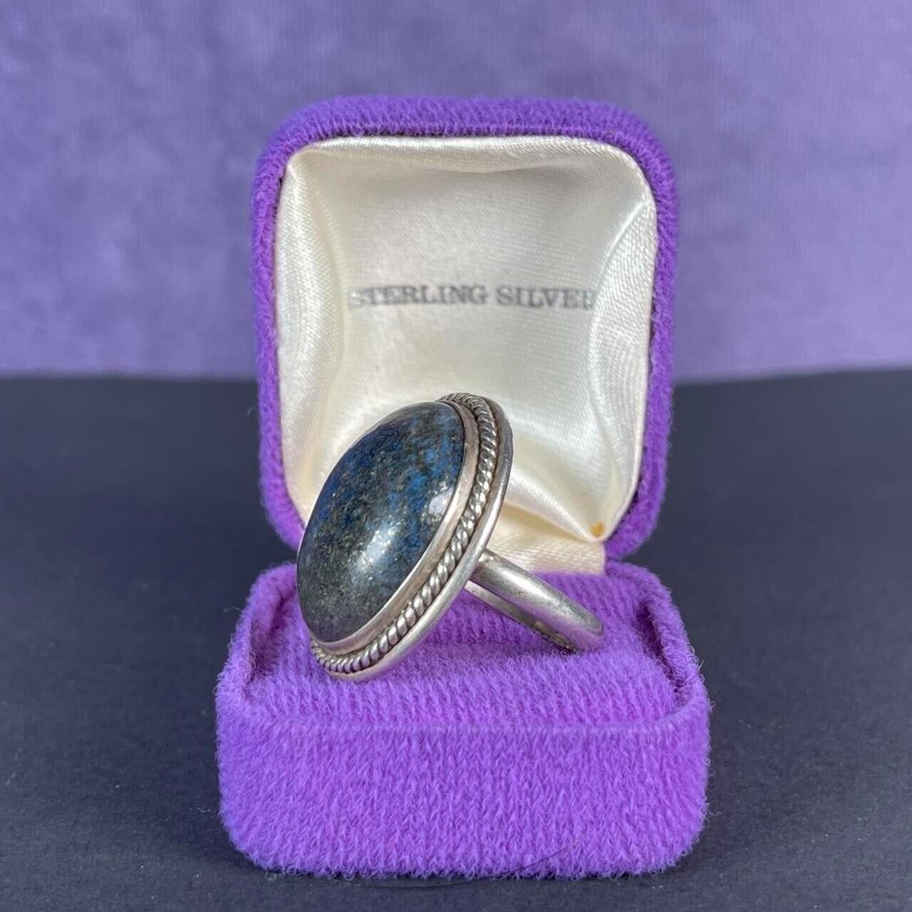Vintage Large Oval Dark Blue Sodalite with Roping Sterling Silver 925 Size S - 9