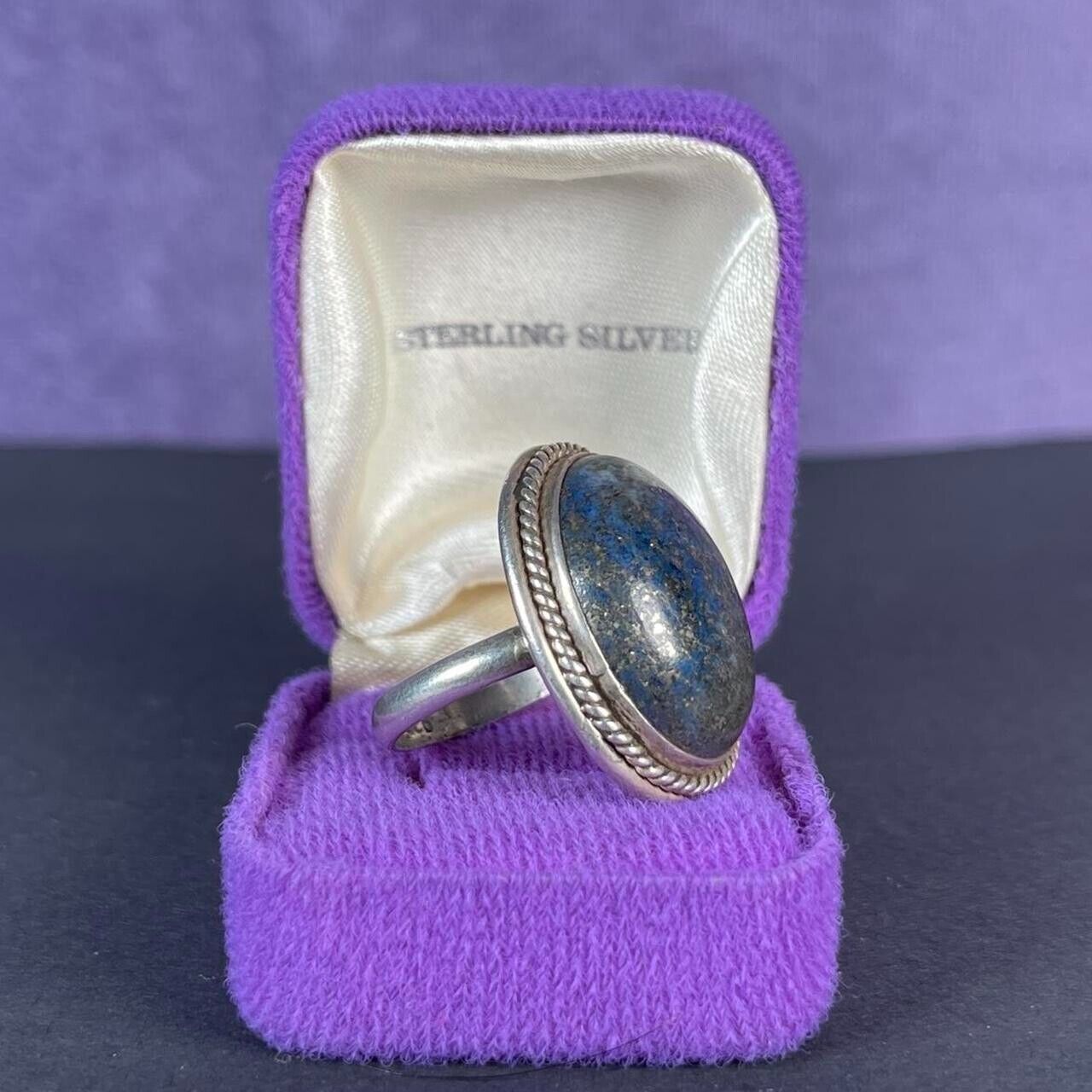 Vintage Large Oval Dark Blue Sodalite with Roping Sterling Silver 925 Size S - 9