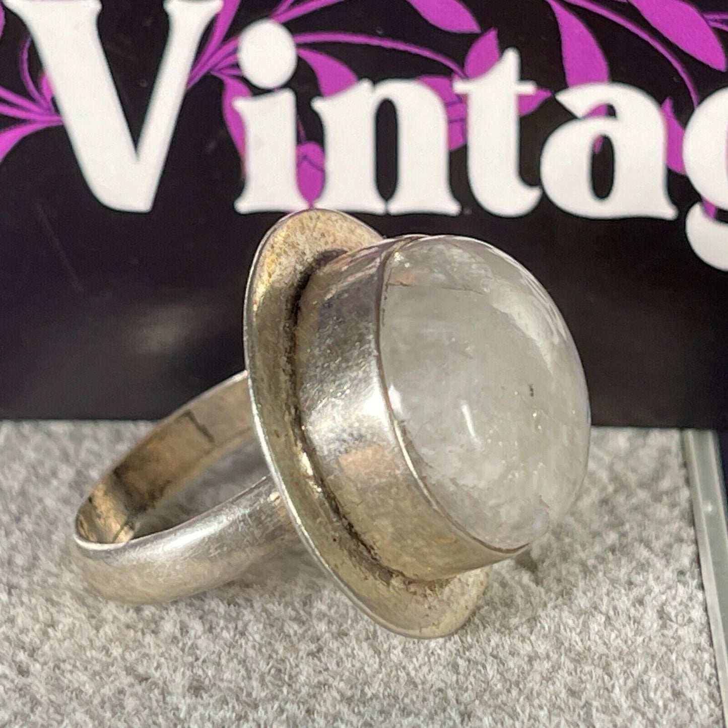 Vintage Large Circular Framed Moonstone Solid SIlver Ring 925