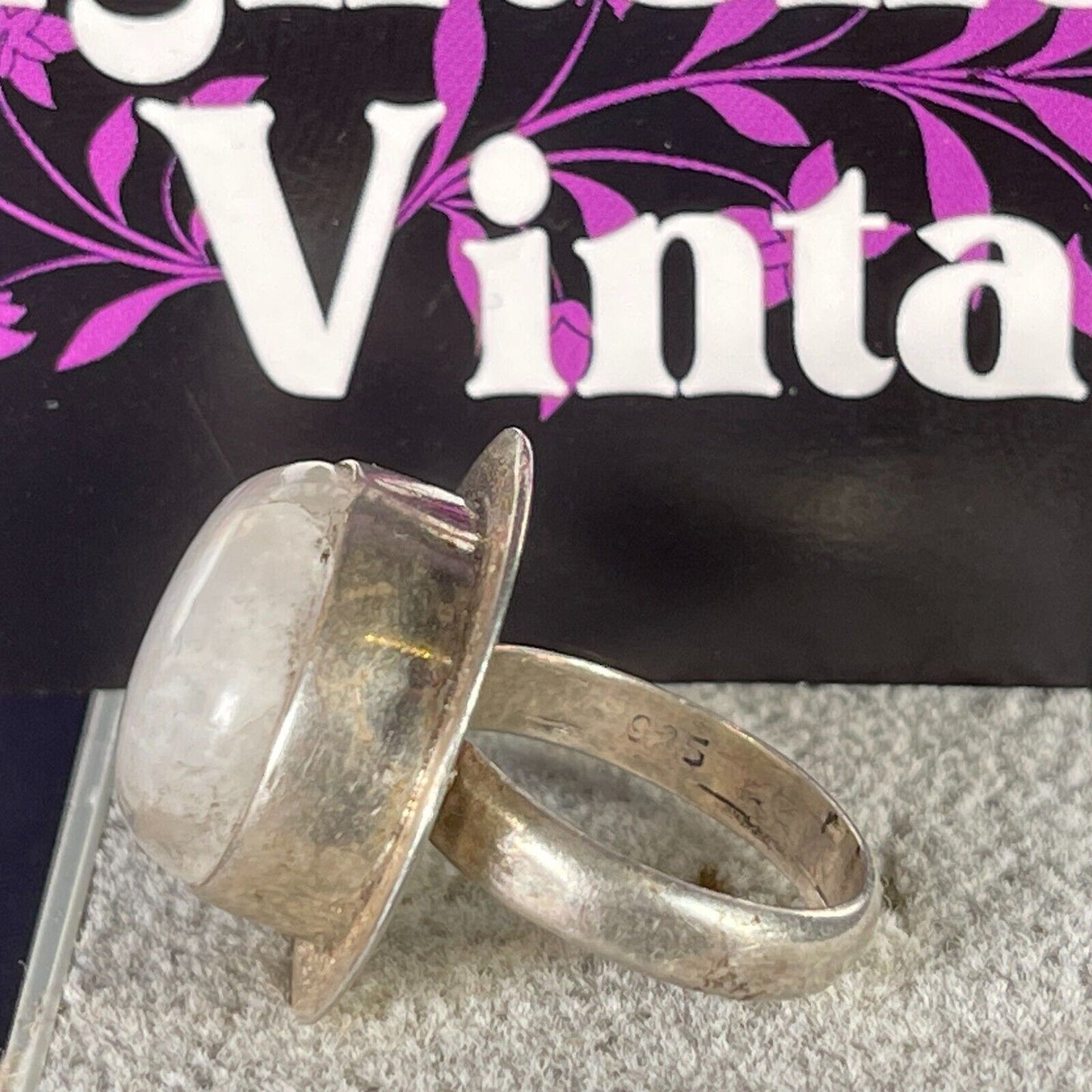 Vintage Large Circular Framed Moonstone Solid SIlver Ring 925