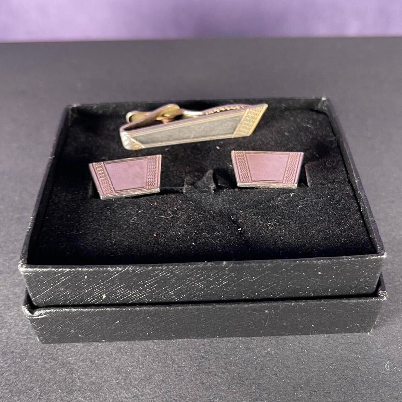 Vintage Gents Cuff Links & Tie Clip Set Art Deco Style 1960's