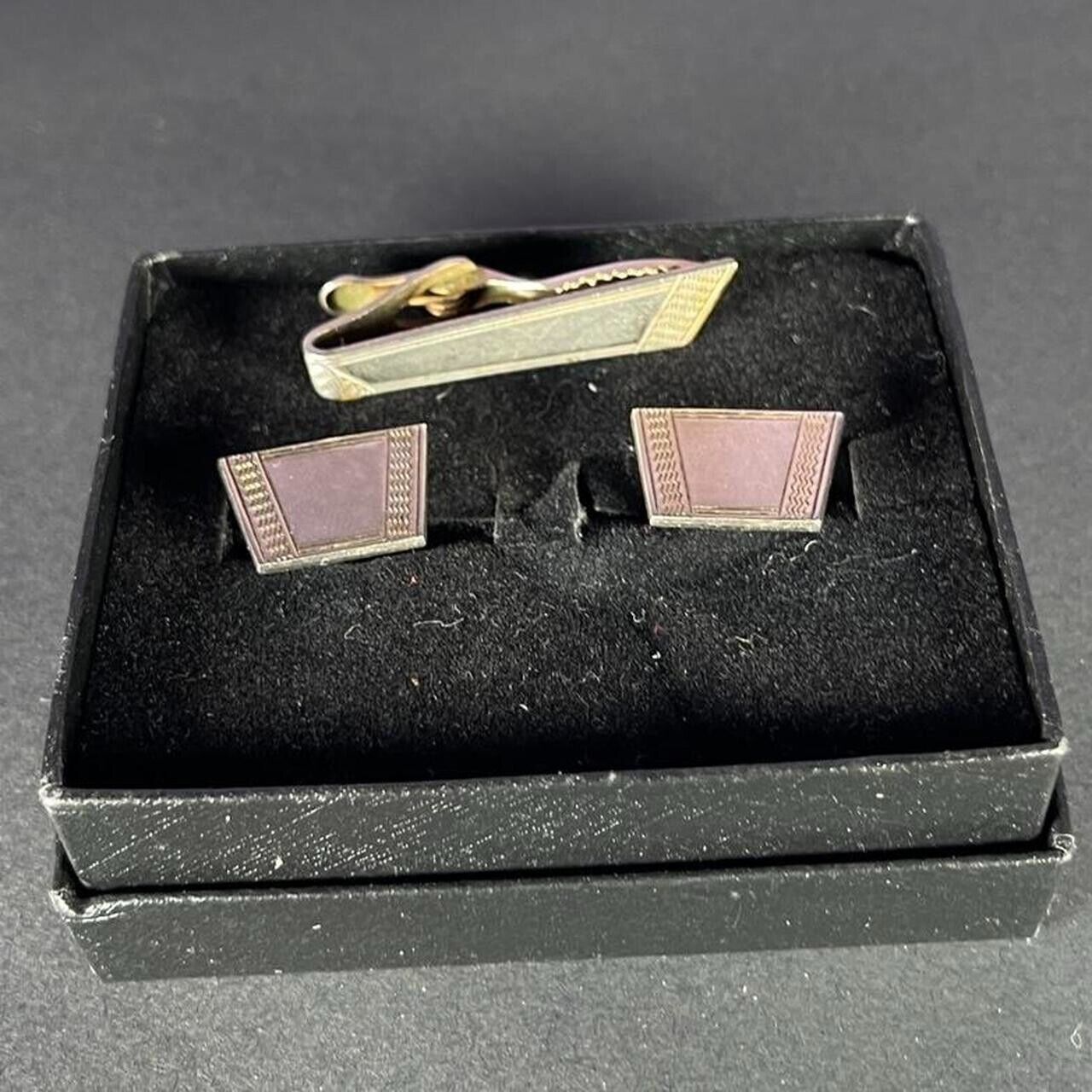 Vintage Gents Cuff Links & Tie Clip Set Art Deco Style 1960's