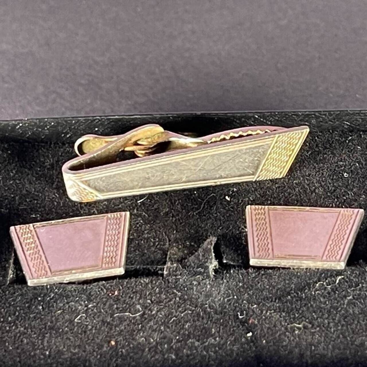 Vintage Gents Cuff Links & Tie Clip Set Art Deco Style 1960's