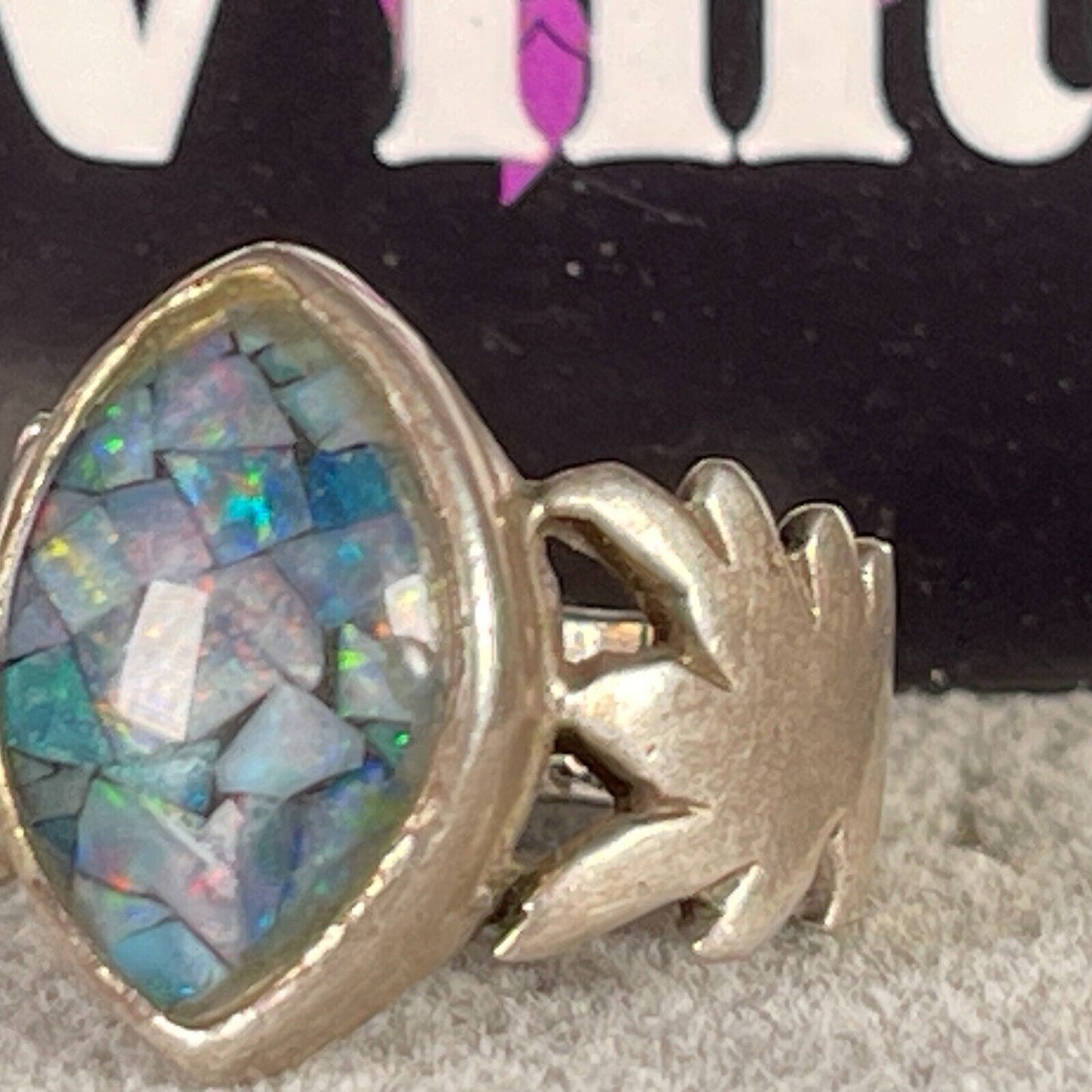 Vintage Crystal Opal Palm Leaf Ellipse Solid Sterling Silver Ring