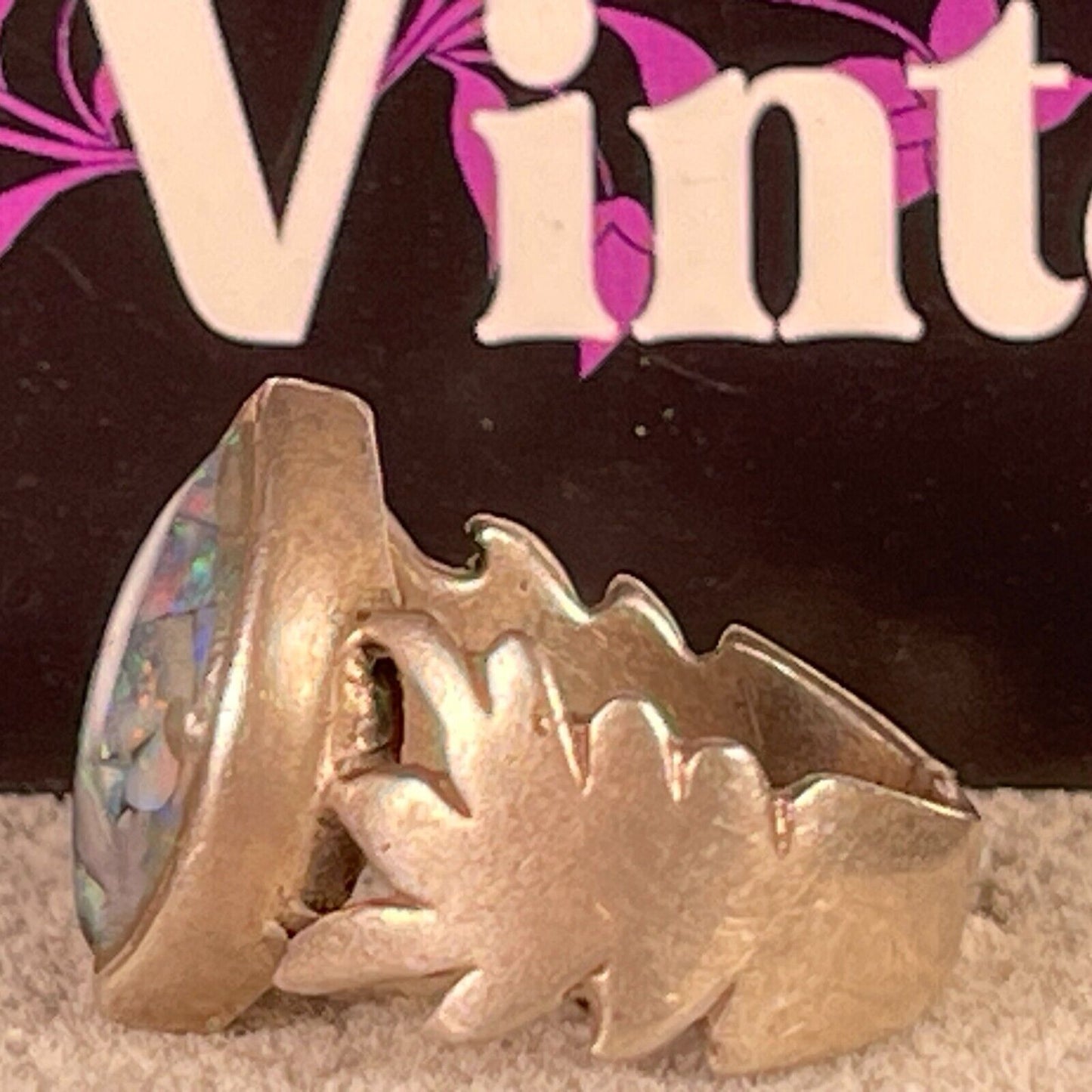 Vintage Crystal Opal Palm Leaf Ellipse Solid Sterling Silver Ring