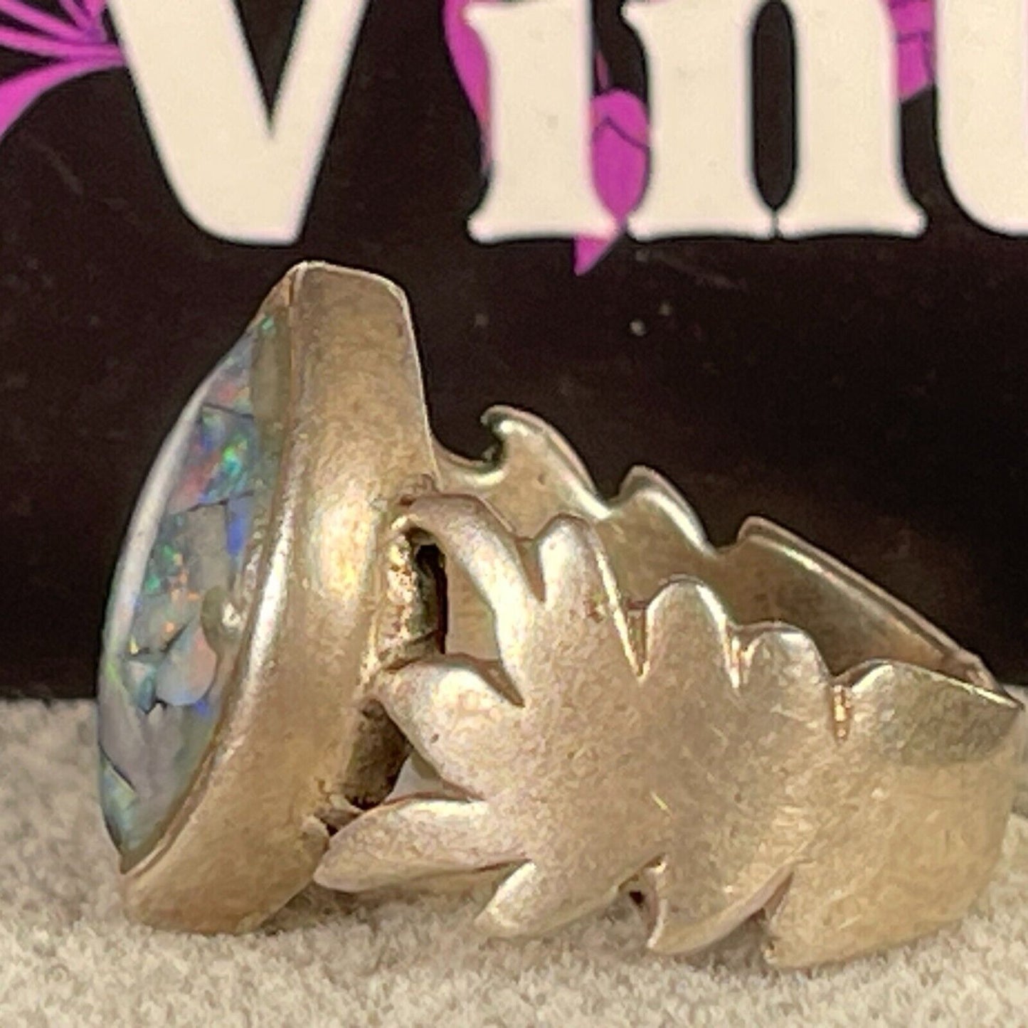 Vintage Crystal Opal Palm Leaf Ellipse Solid Sterling Silver Ring