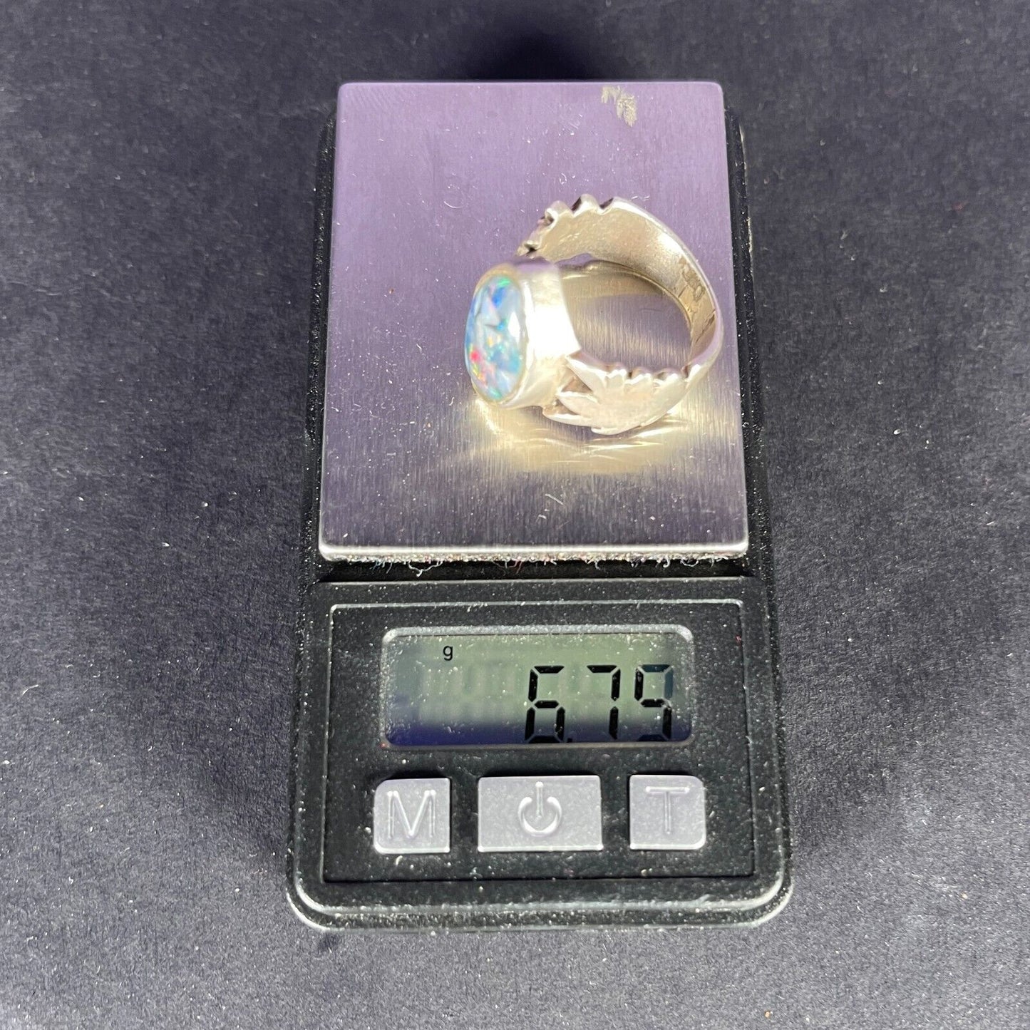 Vintage Crystal Opal Palm Leaf Ellipse Solid Sterling Silver Ring