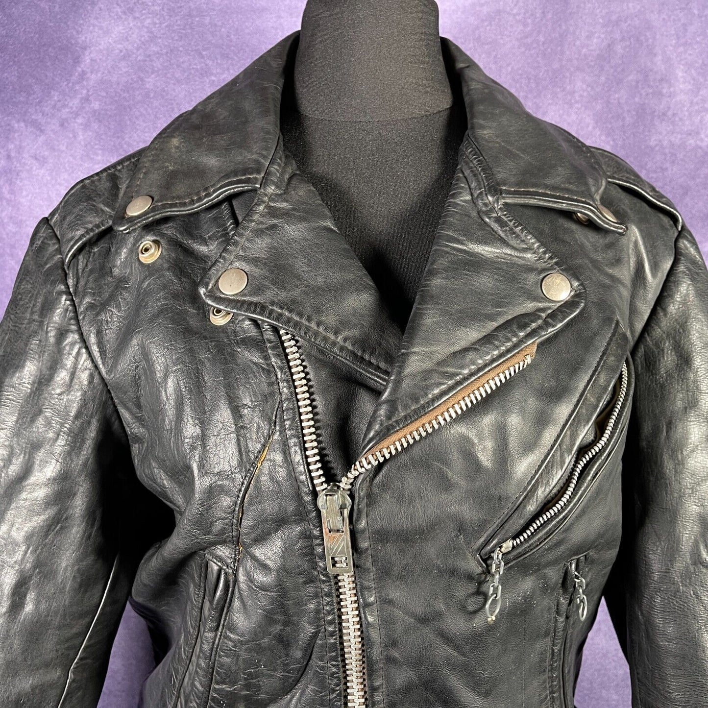 Vintage 1970s Excelled Mens Leather Biker Jacket Black XS