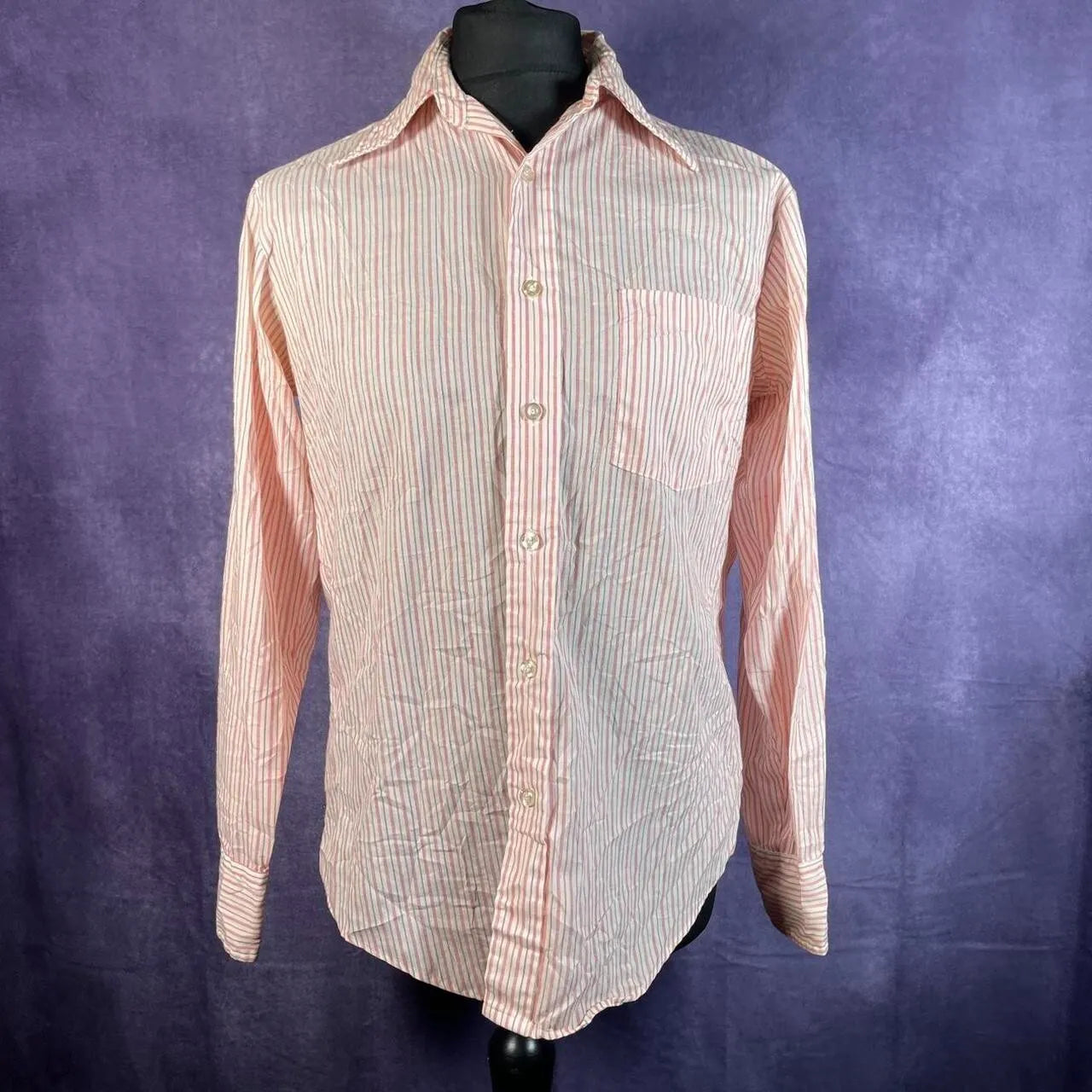 JC Penny Pink Stripe Men's Dagger Collar Button Up Vintage 70s