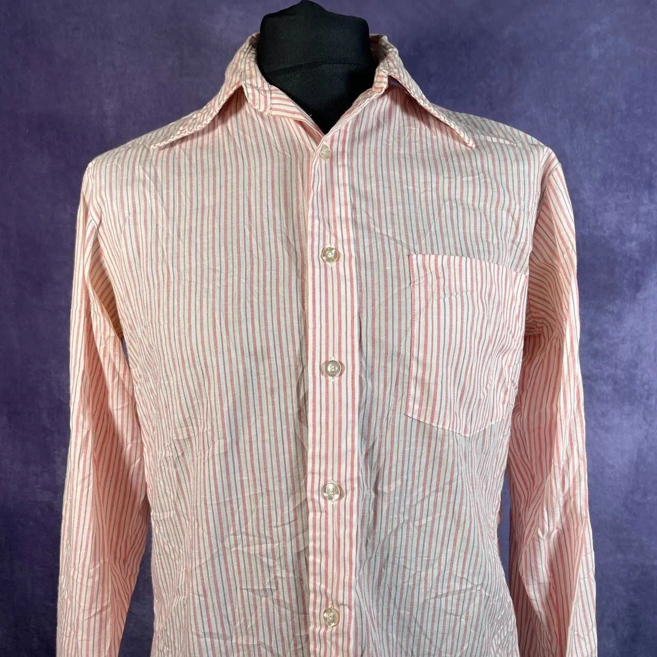 JC Penny Pink Stripe Men's Dagger Collar Button Up Vintage 70s