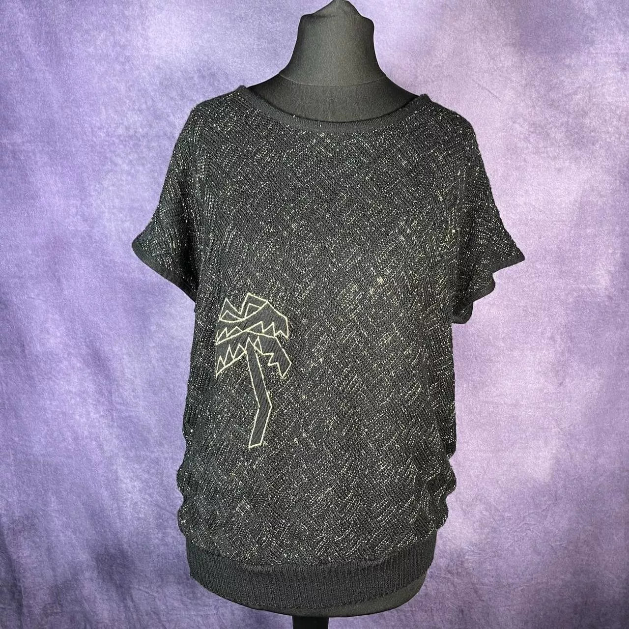 Vintage 1980s C&A Ladies Sleevless Sweater Black Gold Palm Tree Pattern Size XXL