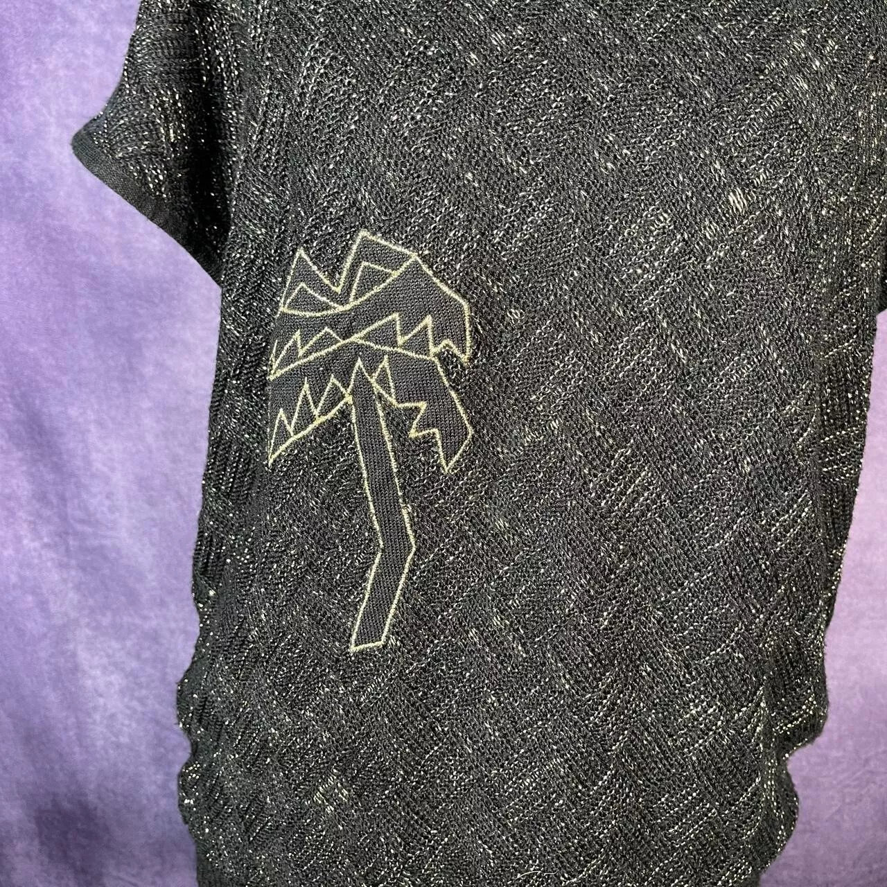 Vintage 1980s C&A Ladies Sleevless Sweater Black Gold Palm Tree Pattern Size XXL
