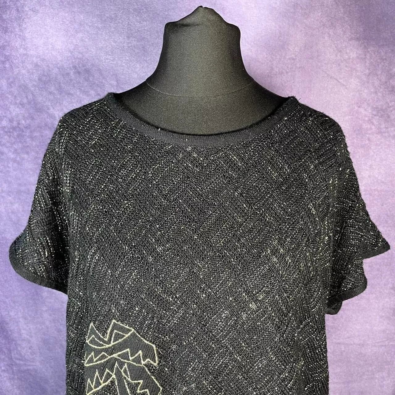 Vintage 1980s C&A Ladies Sleevless Sweater Black Gold Palm Tree Pattern Size XXL