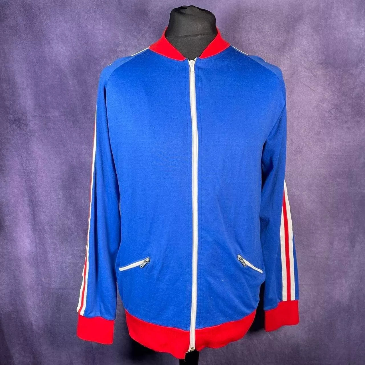 Vintage 1970s/80sBlue Red Tracksuit Top Jacket Stripe Mens
