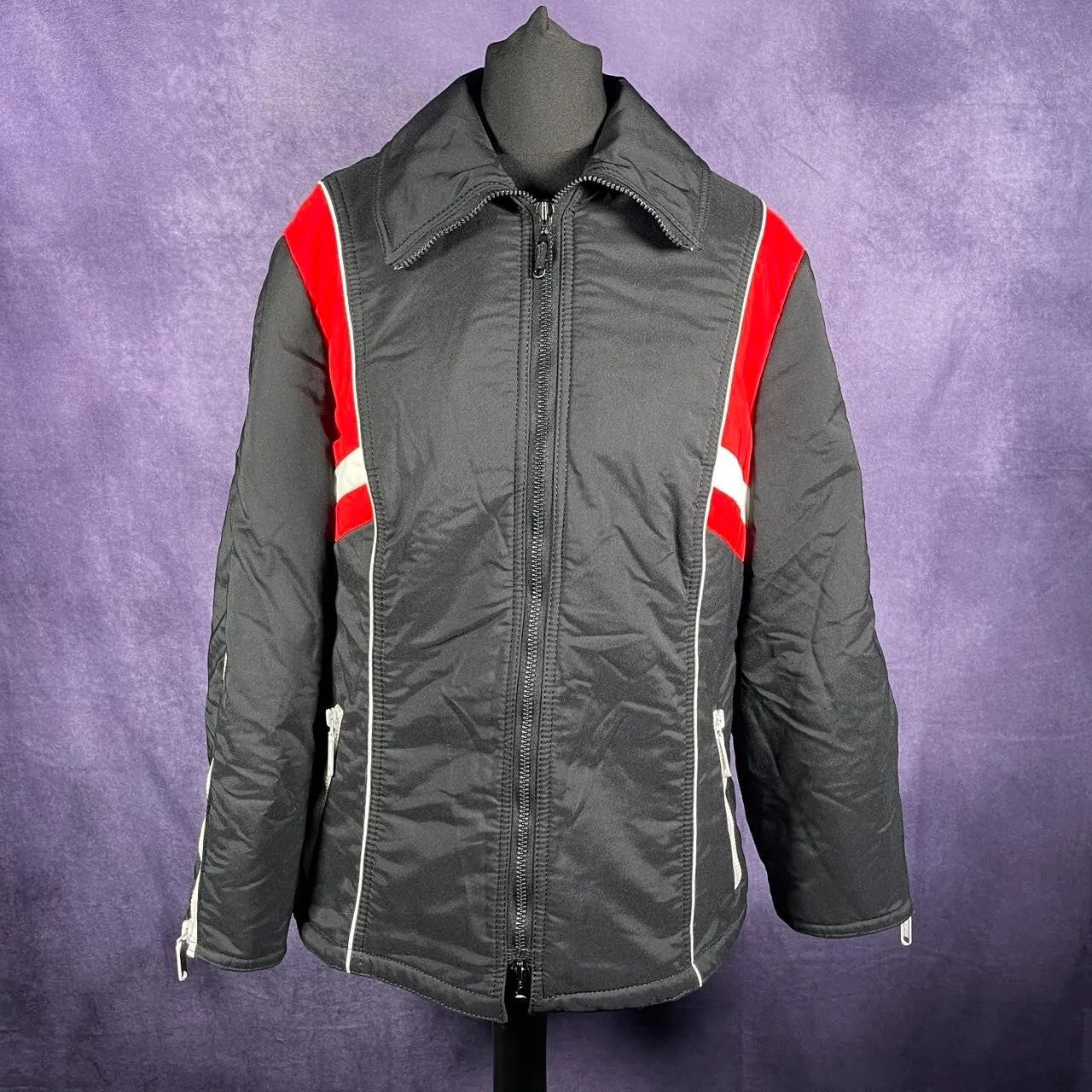Vintage 1970s Ski Jacket Black Red White Small/XS