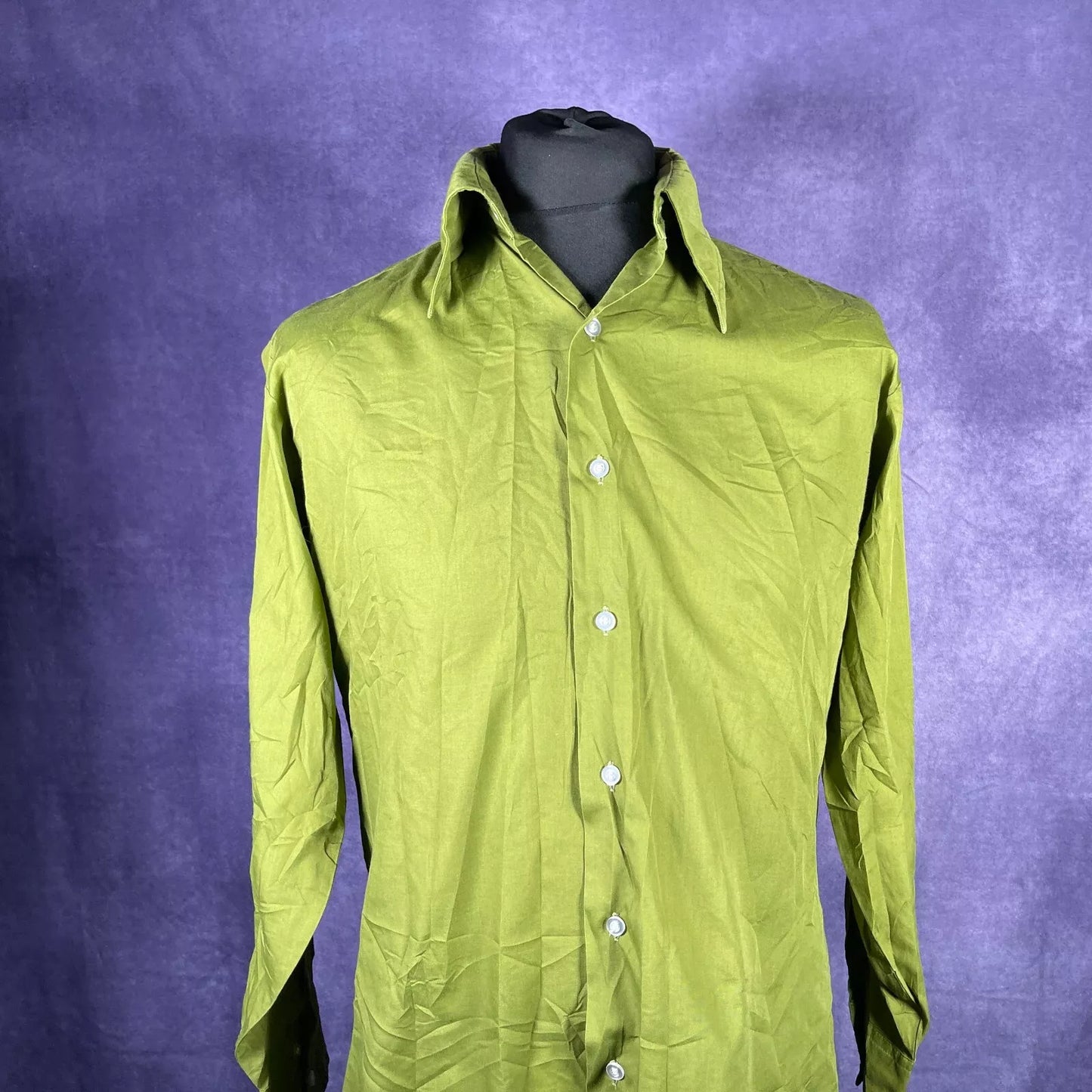 Vintage 1970s Manhattan M Shirt Olive Green Dagger Collar