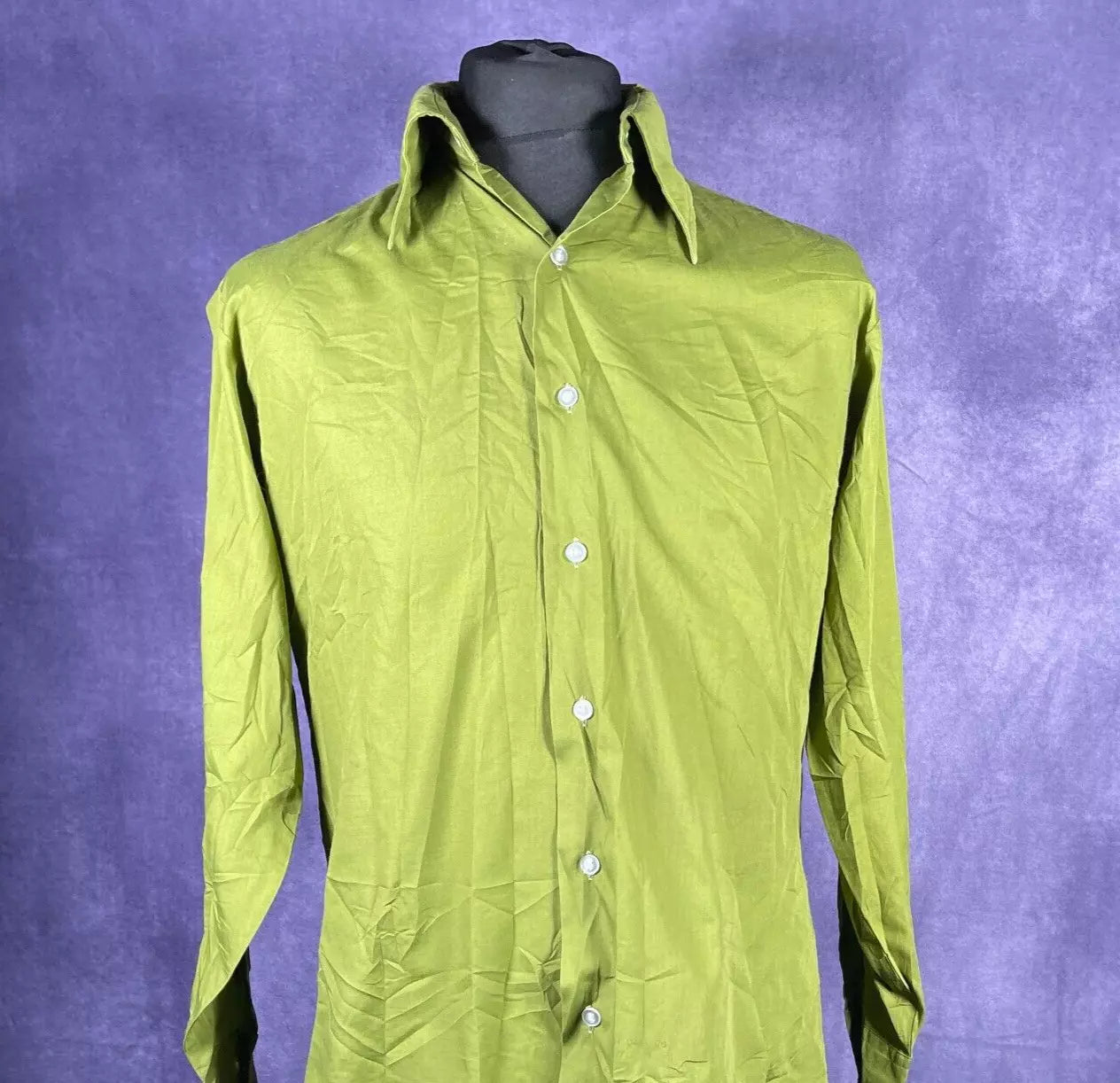 Vintage 1970s Manhattan M Shirt Olive Green Dagger Collar
