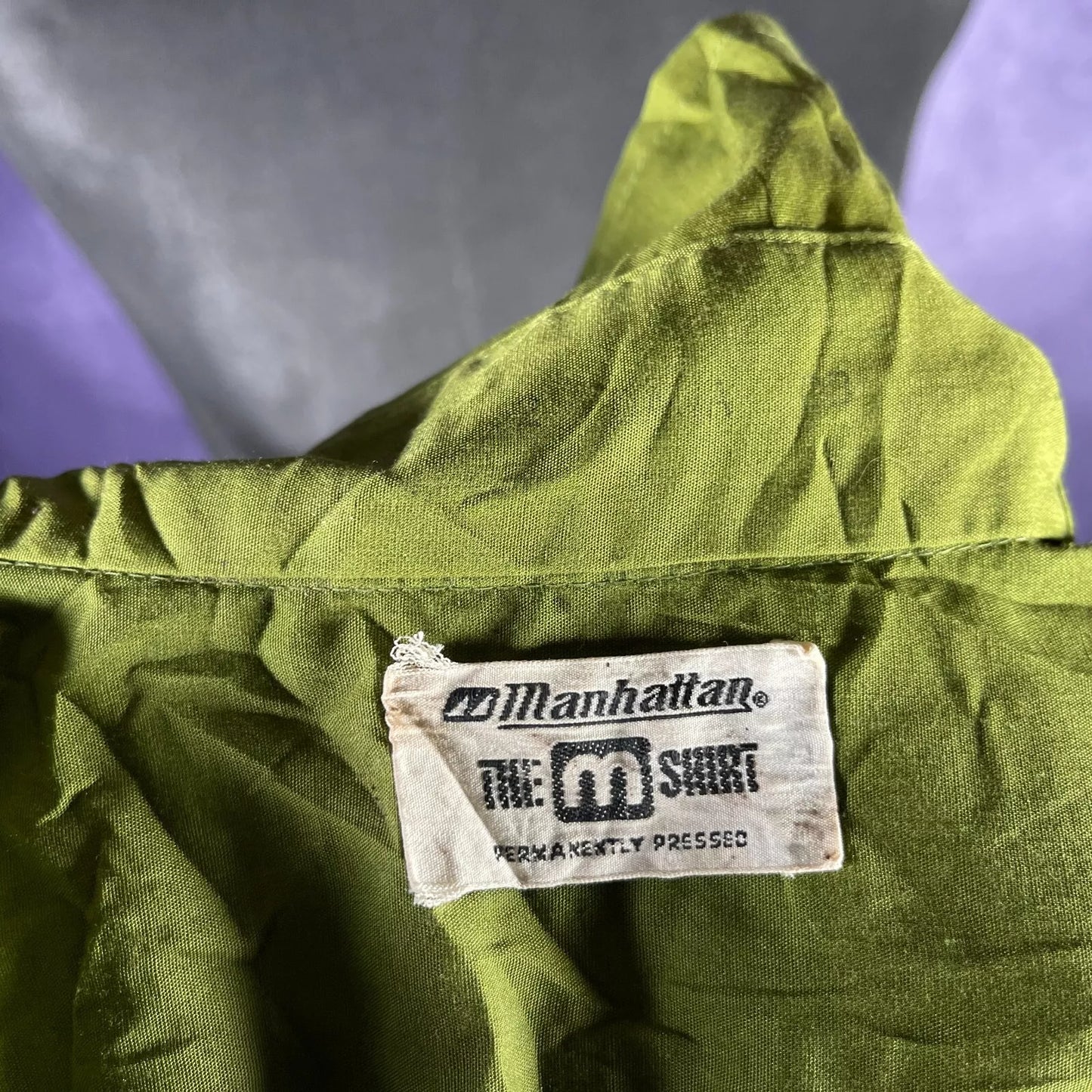 Vintage 1970s Manhattan M Shirt Olive Green Dagger Collar