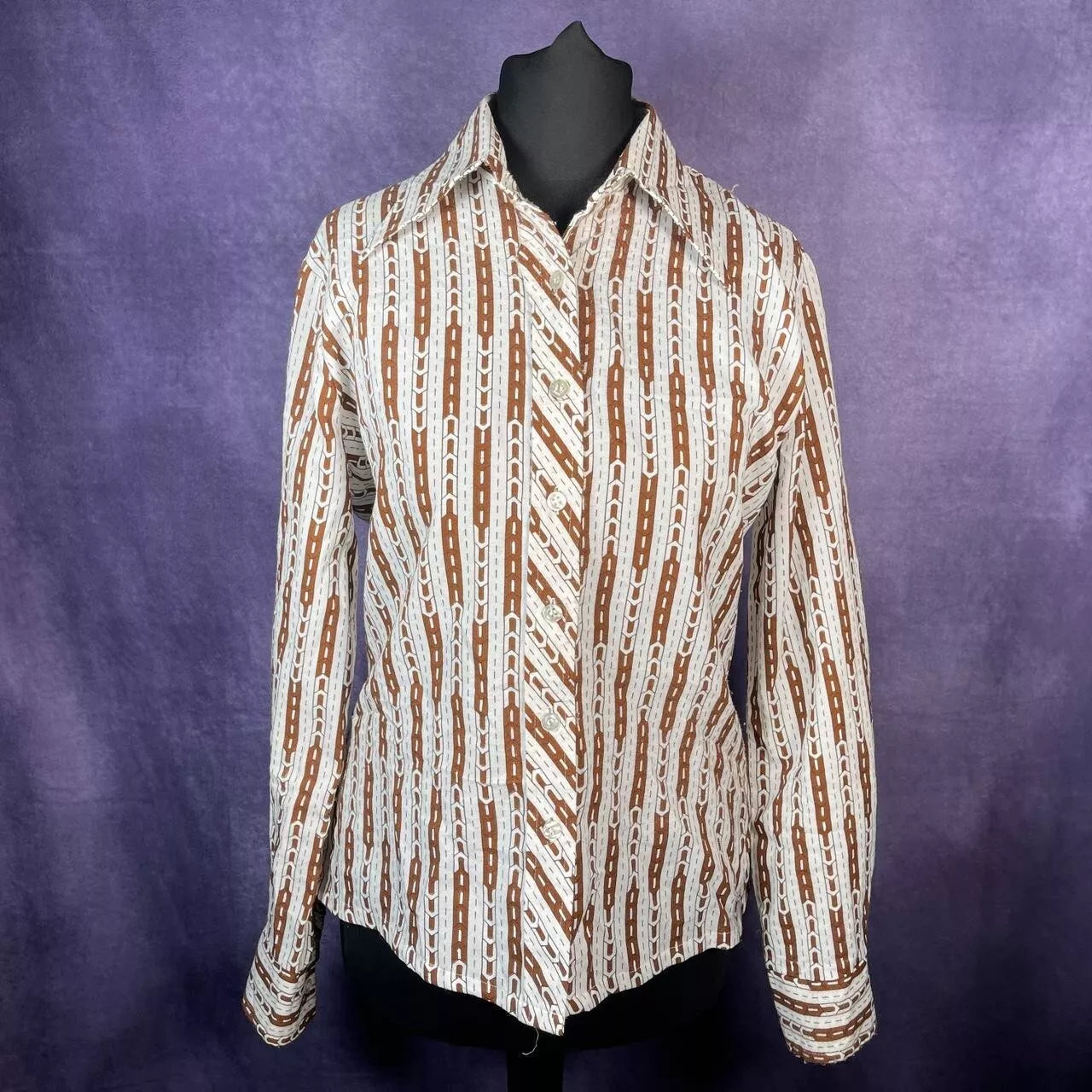 Vintage 1970s Dagger Collar Shirt Ladies White Brown Rope Size Large