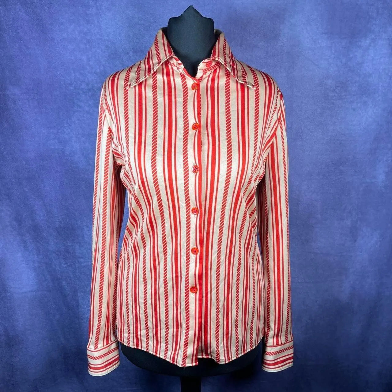 Vintage 1970s Dagger Collar Shirt Yellow Red Stripe Size 8